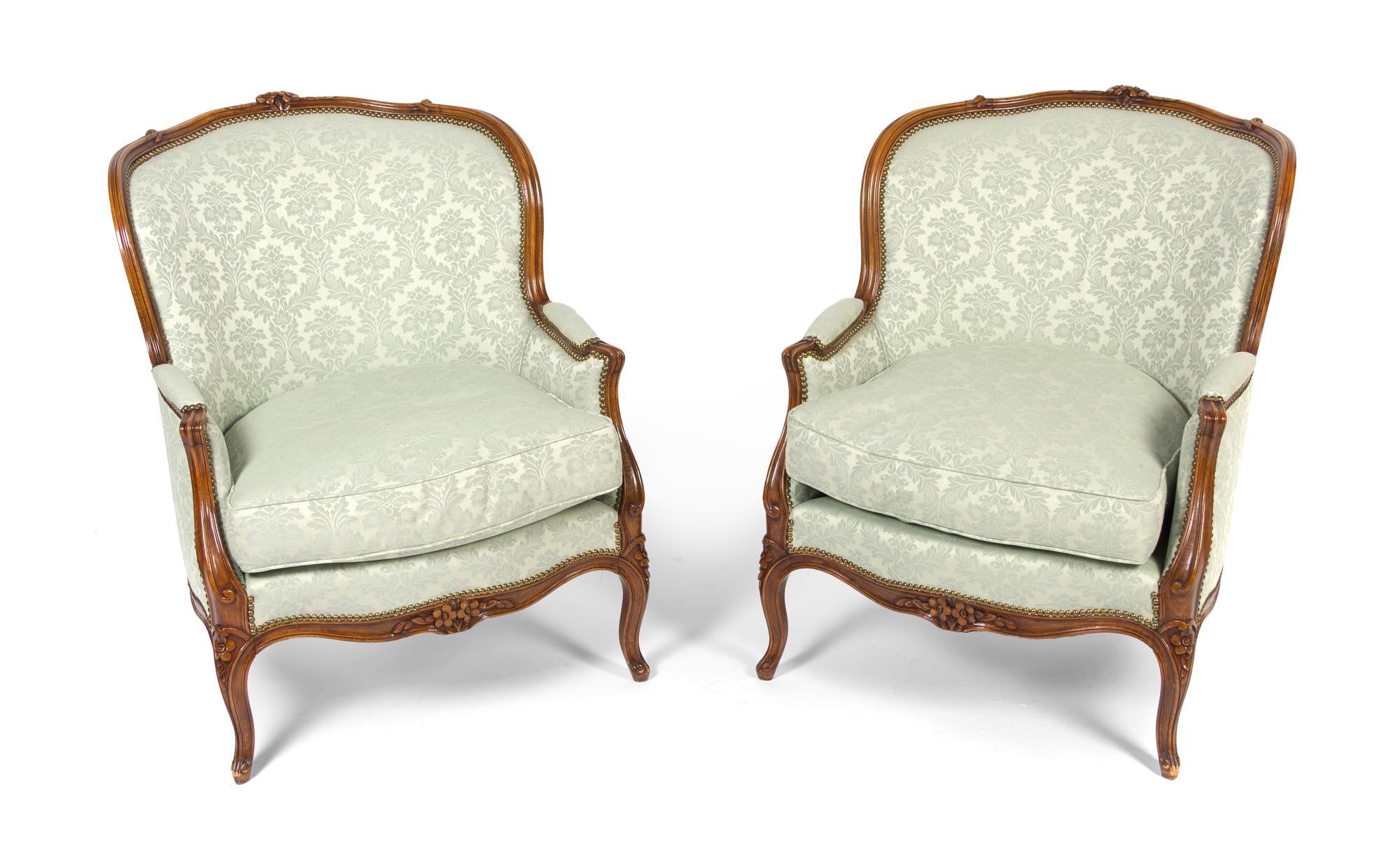 A Pair of Louis XV Style Bergeres, Height 37 1/4 inches.