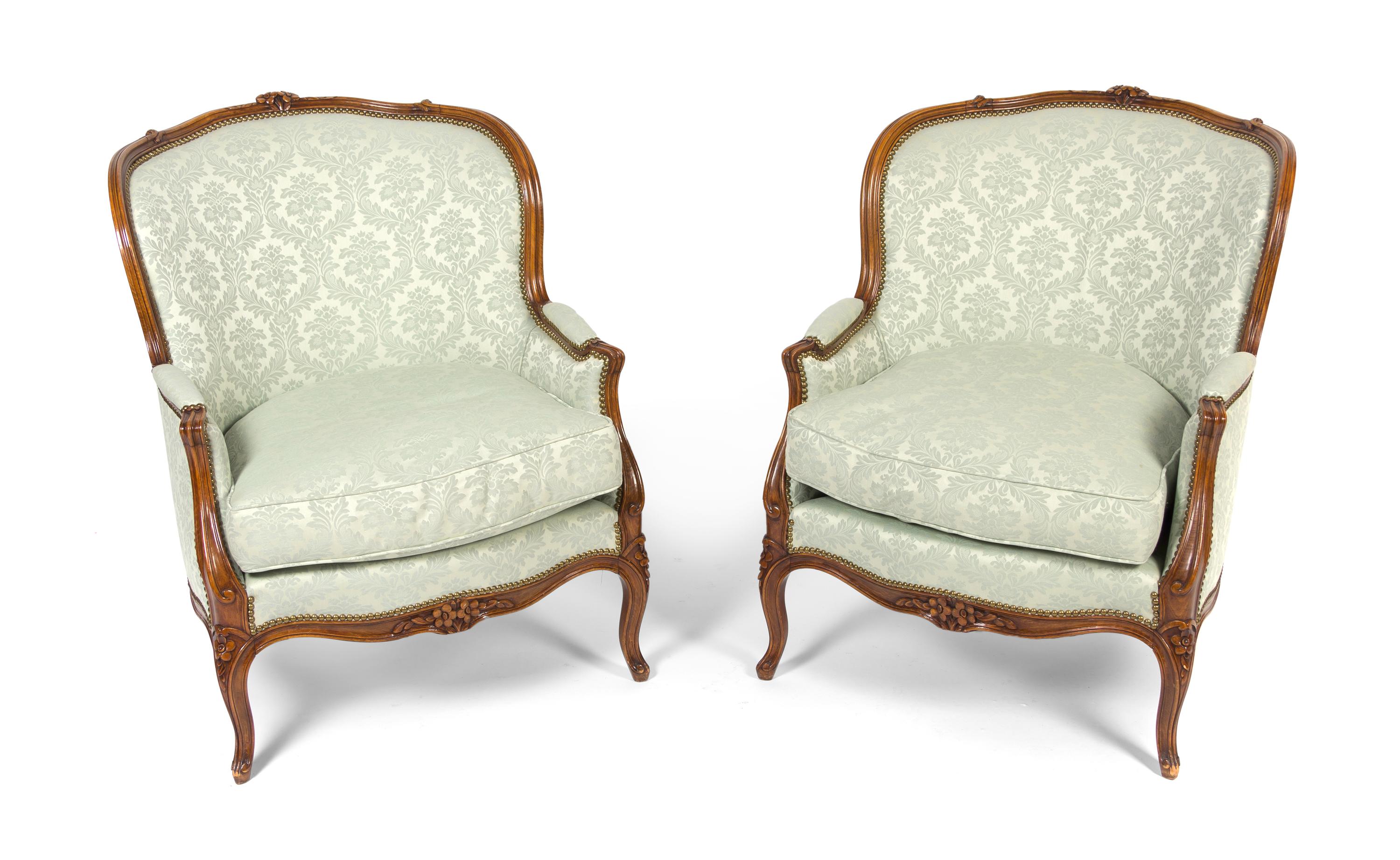 A Pair of Louis XV Style Bergeres, Height 37 1/4 inches.