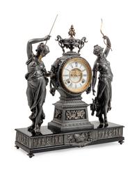 An Ansonia Fisher & Hunter Silvered Metal Mantel Clock