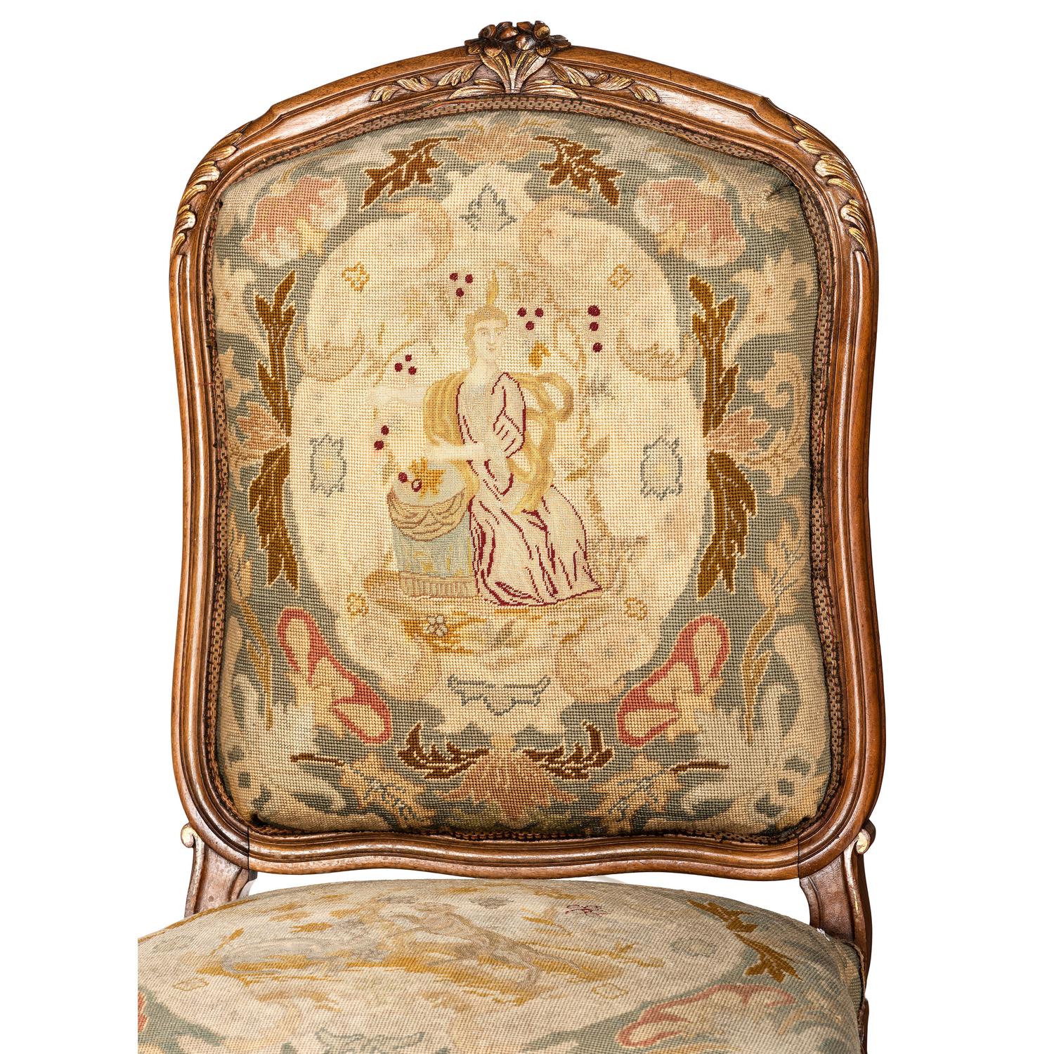A Suite of Louis XV-Style Carved Walnut Needlework Upholstered Seating Furniture