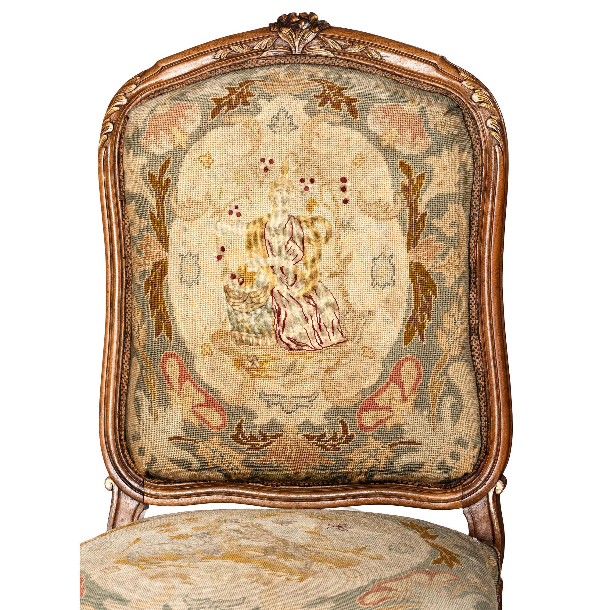 A Suite of Louis XV-Style Carved Walnut Needlework Upholstered Seating Furniture