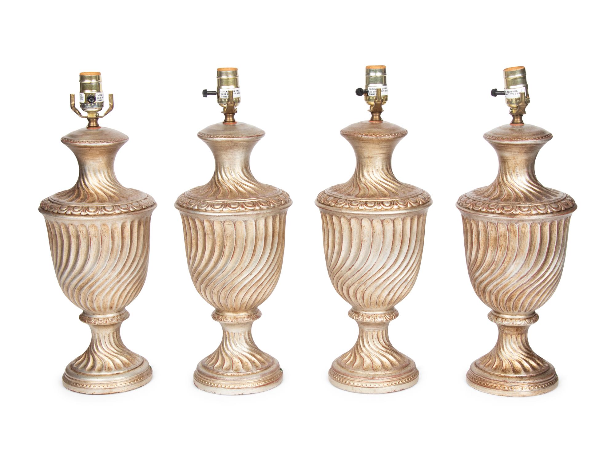 A Set of Four Silvered Wood Finial-Form Lamps