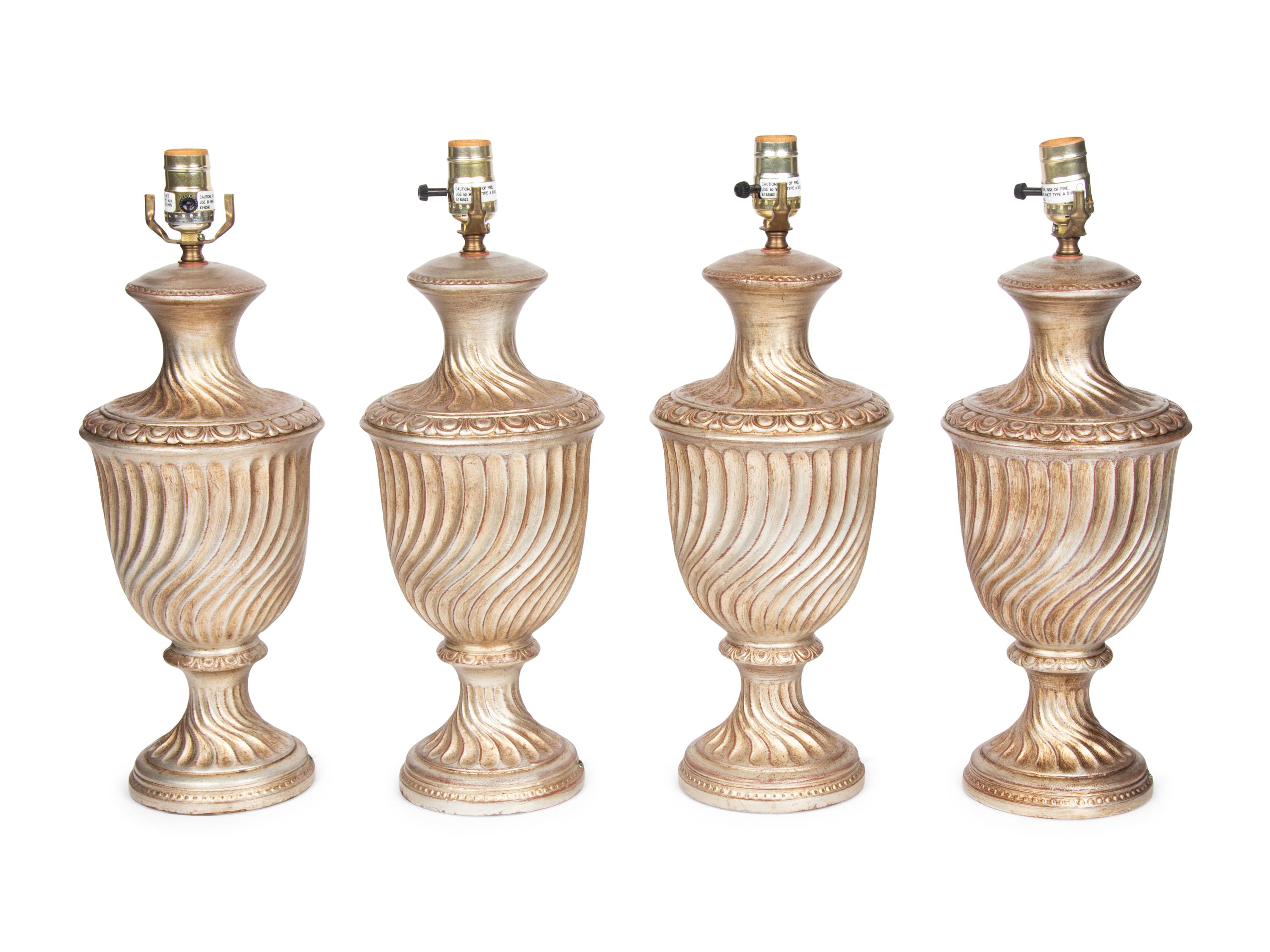 A Set of Four Silvered Wood Finial-Form Lamps