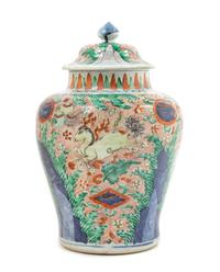 A Large Chinese Wucai Porcelain Jar and Cover TRANSITIONAL PERIOD, 17TH CENTURY Height 14 1/2 inches. — TRANSITIONAL PERIOD, 17TH CENTURY