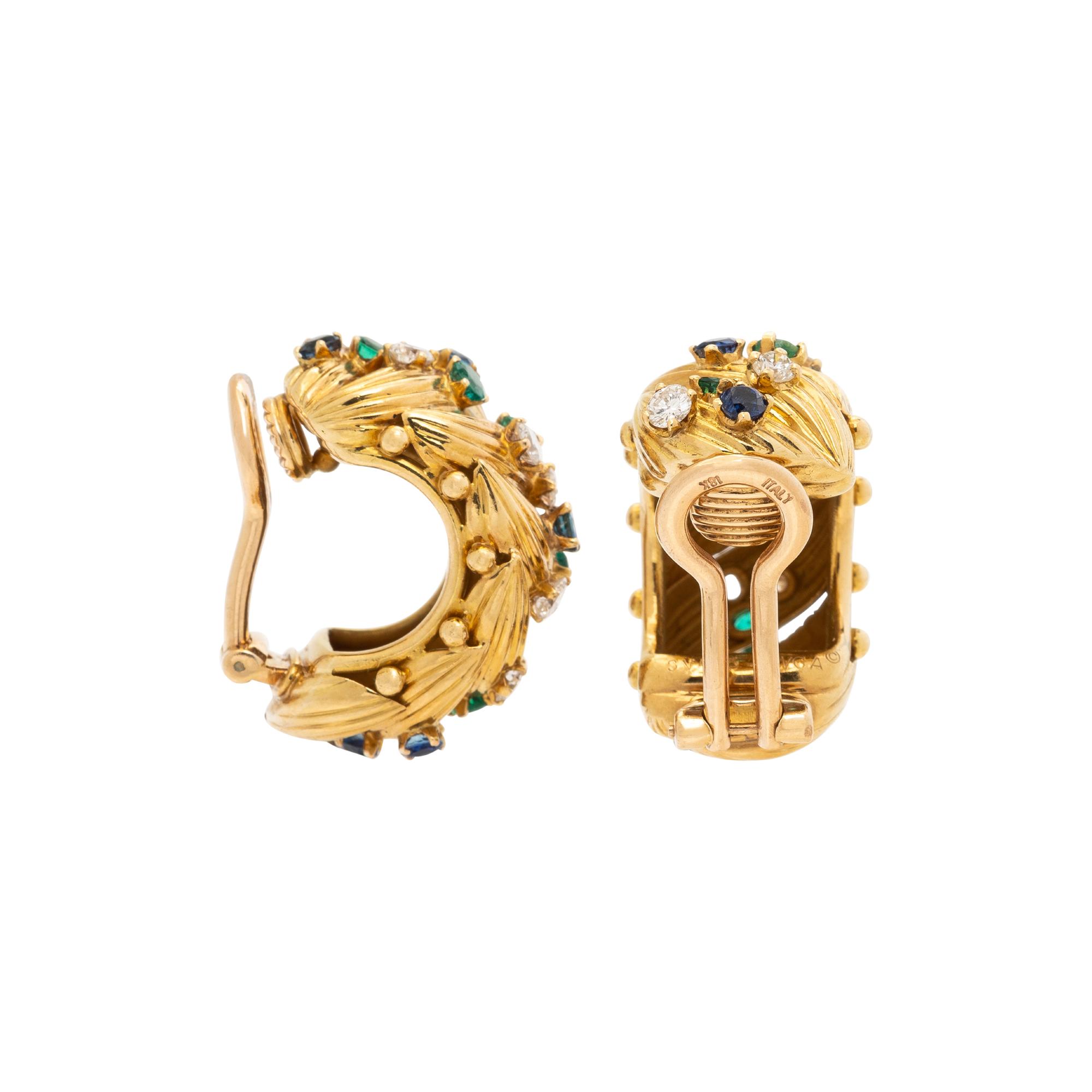 VAN CLEEF & ARPELS, YELLOW GOLD, DIAMOND, SAPPHIRE, AND EMERALD EARRINGS