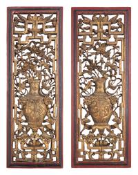 A Pair of Chinese Carved and Lacquered Wood Openwork Panels, Qing Dynasty 清 木雕花卉圖掛屏一對