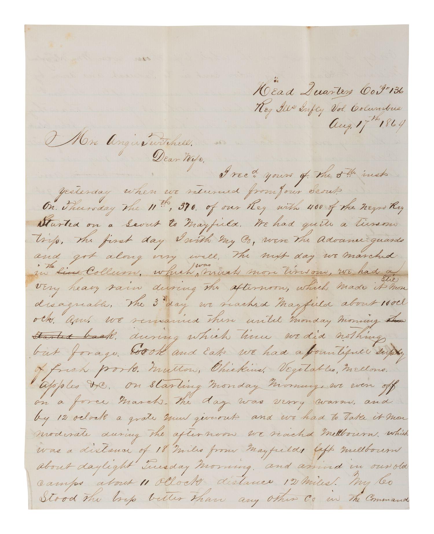 [CIVIL WAR]. Letters written from the Western Theater by Captain LaFayette Twitchell, Co. I, 136th Illinois Infantry, May-October 1864.