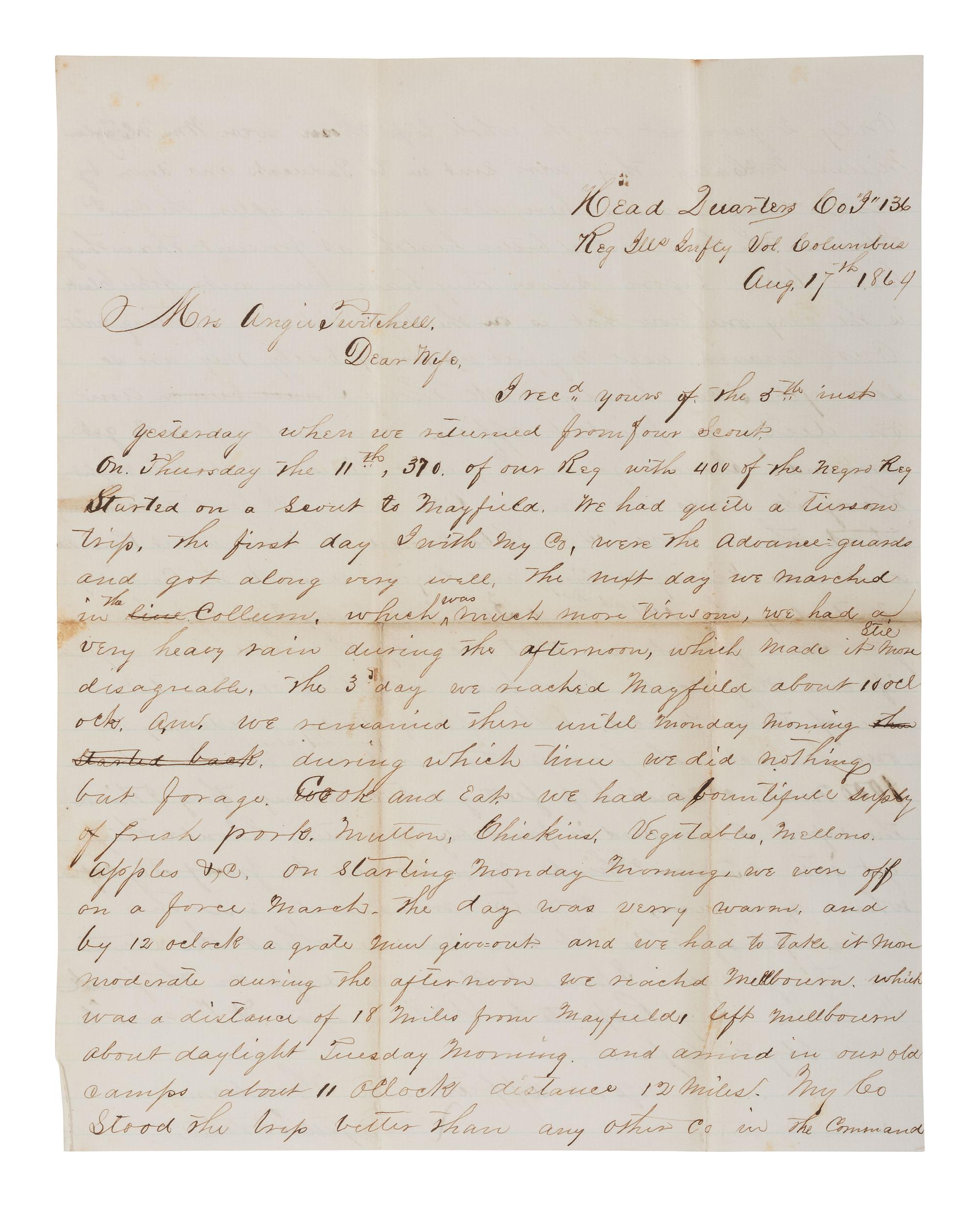[CIVIL WAR]. Letters written from the Western Theater by Captain LaFayette Twitchell, Co. I, 136th Illinois Infantry, May-October 1864.