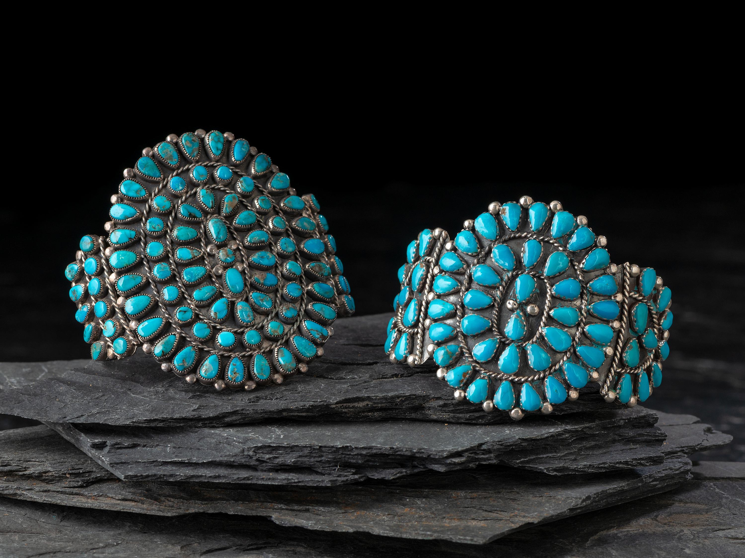 Pair of Navajo or Zuni Petit Point Turquoise Cuff Bracelets