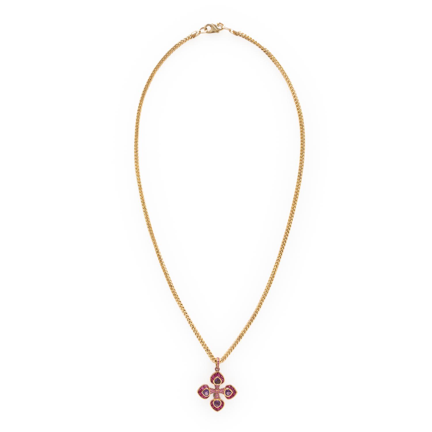 Marina B, Amethyst, Pink Sapphire, and Yellow Gold Cross Pendant Brooch