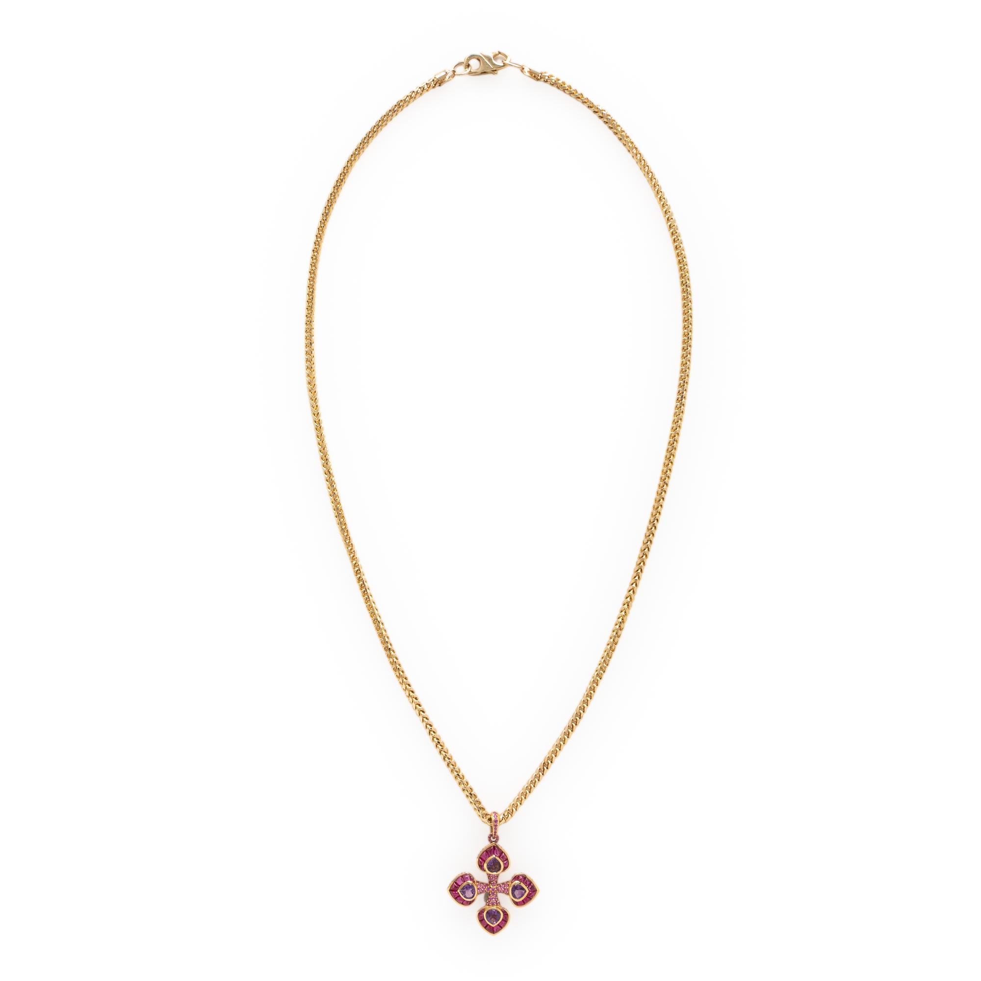 Marina B, Amethyst, Pink Sapphire, and Yellow Gold Cross Pendant Brooch