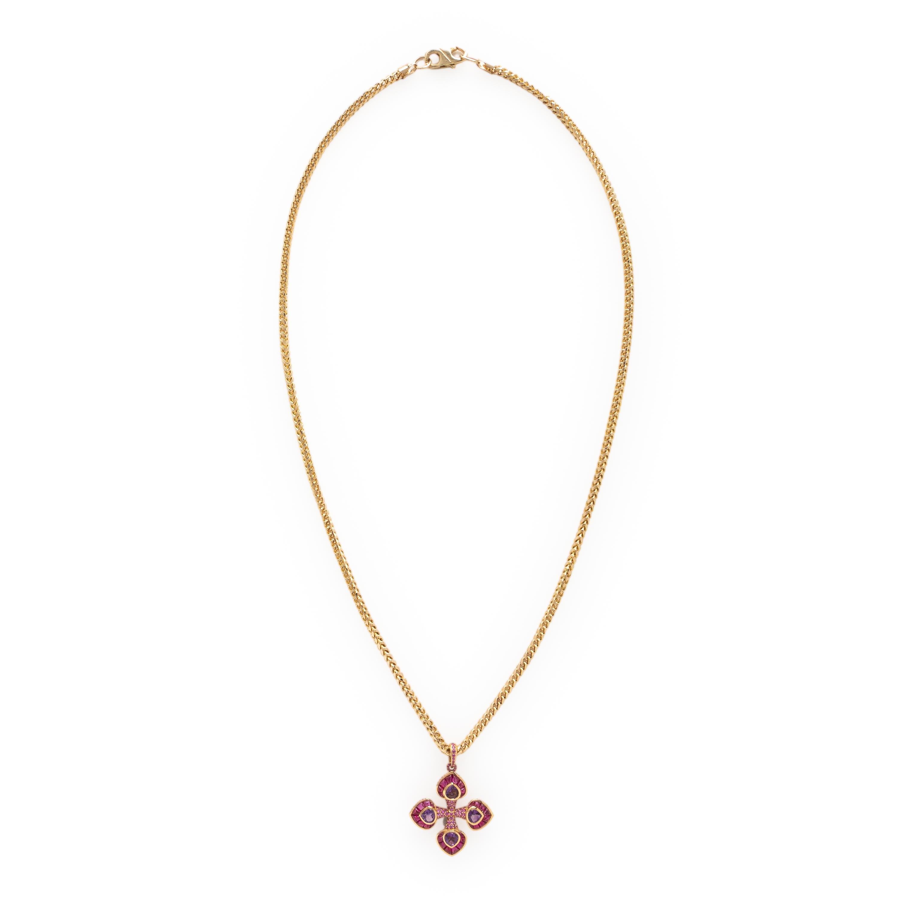 Marina B, Amethyst, Pink Sapphire, and Yellow Gold Cross Pendant Brooch