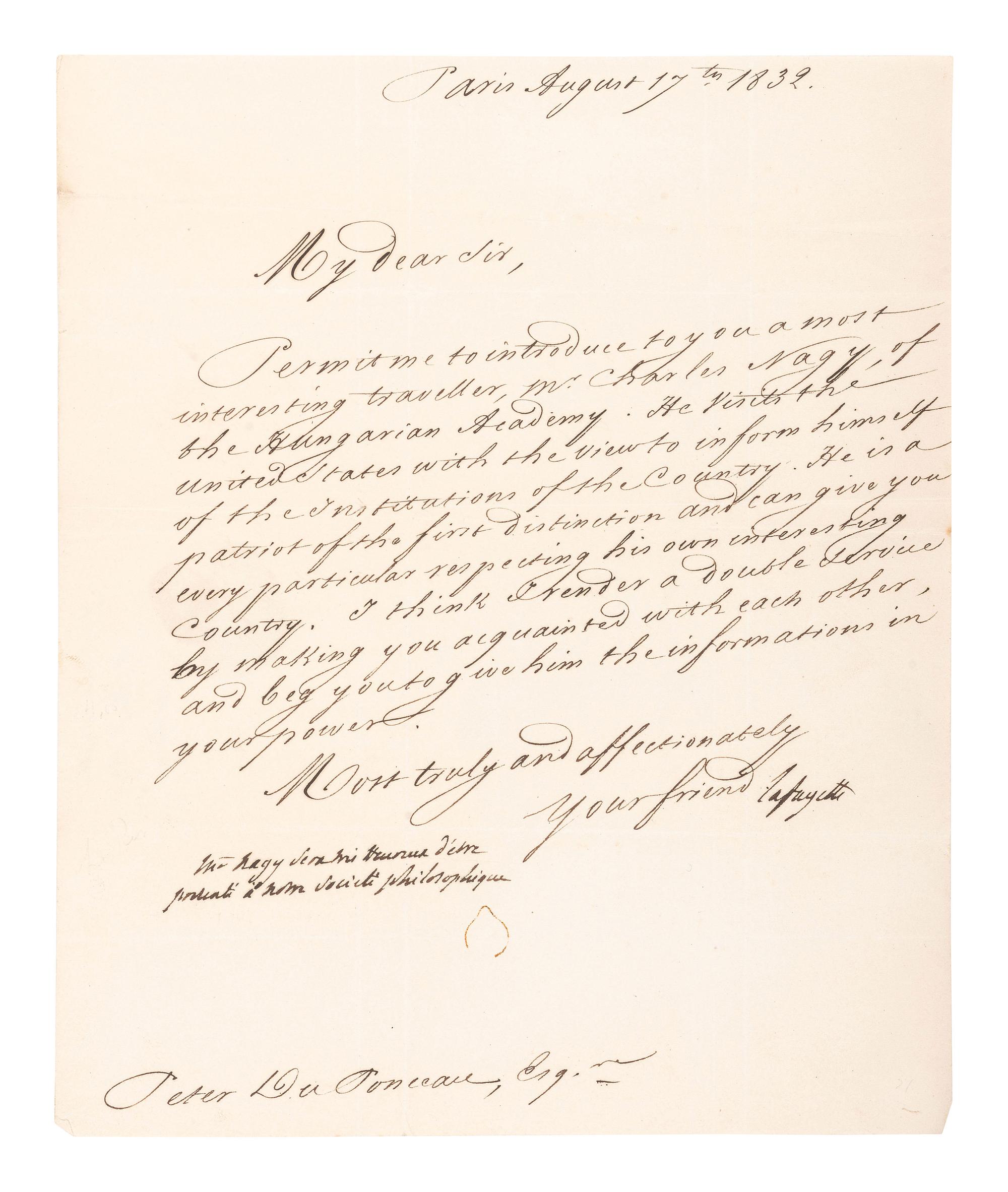 LAFAYETTE, Marie Joseph Paul Yves Roch Gilbert du Motier, Marquis de (1757-1834). Document signed ("Lafayette") with autograph postscript. Paris, 17 August 1832.