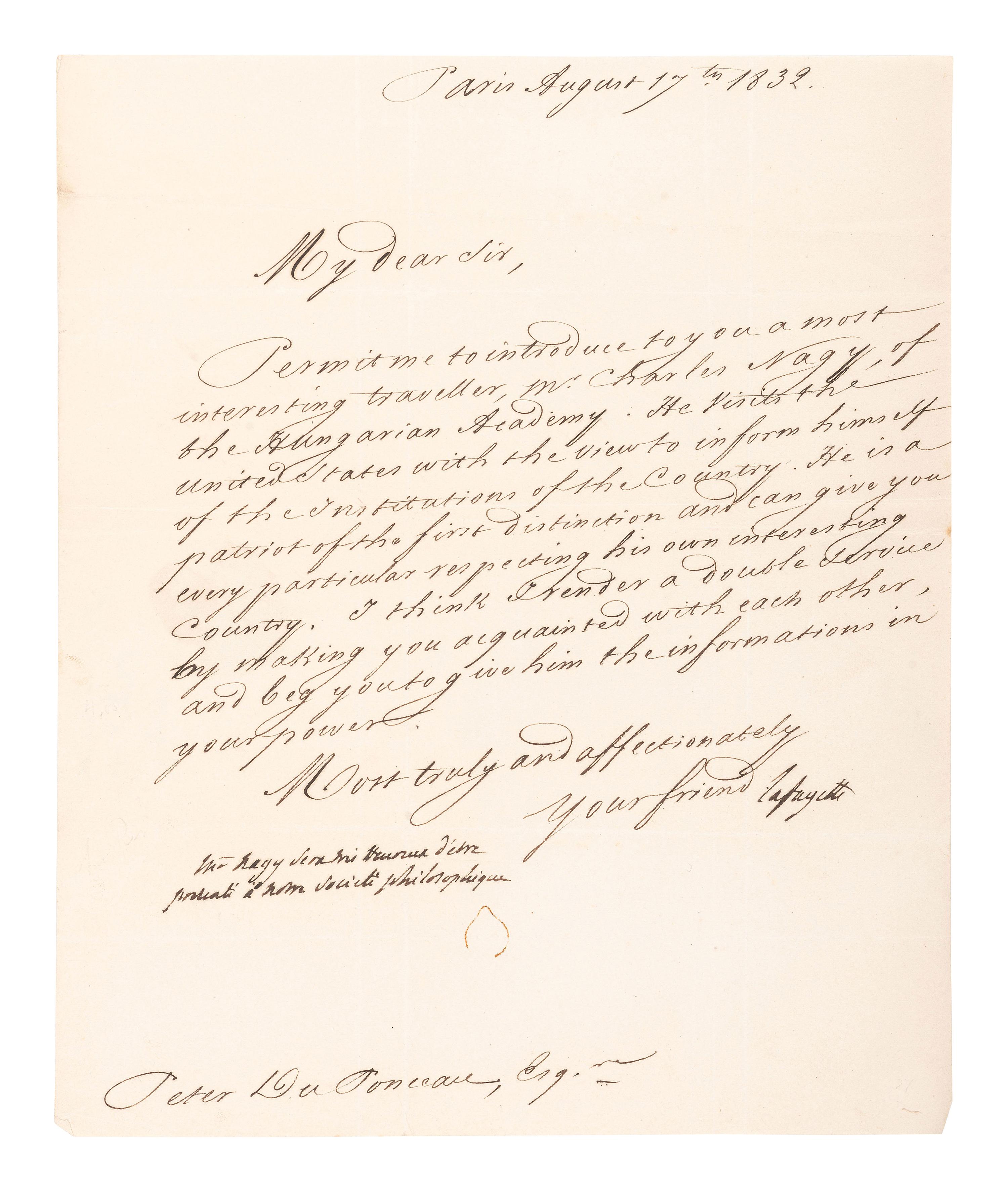 LAFAYETTE, Marie Joseph Paul Yves Roch Gilbert du Motier, Marquis de (1757-1834). Document signed ("Lafayette") with autograph postscript. Paris, 17 August 1832.