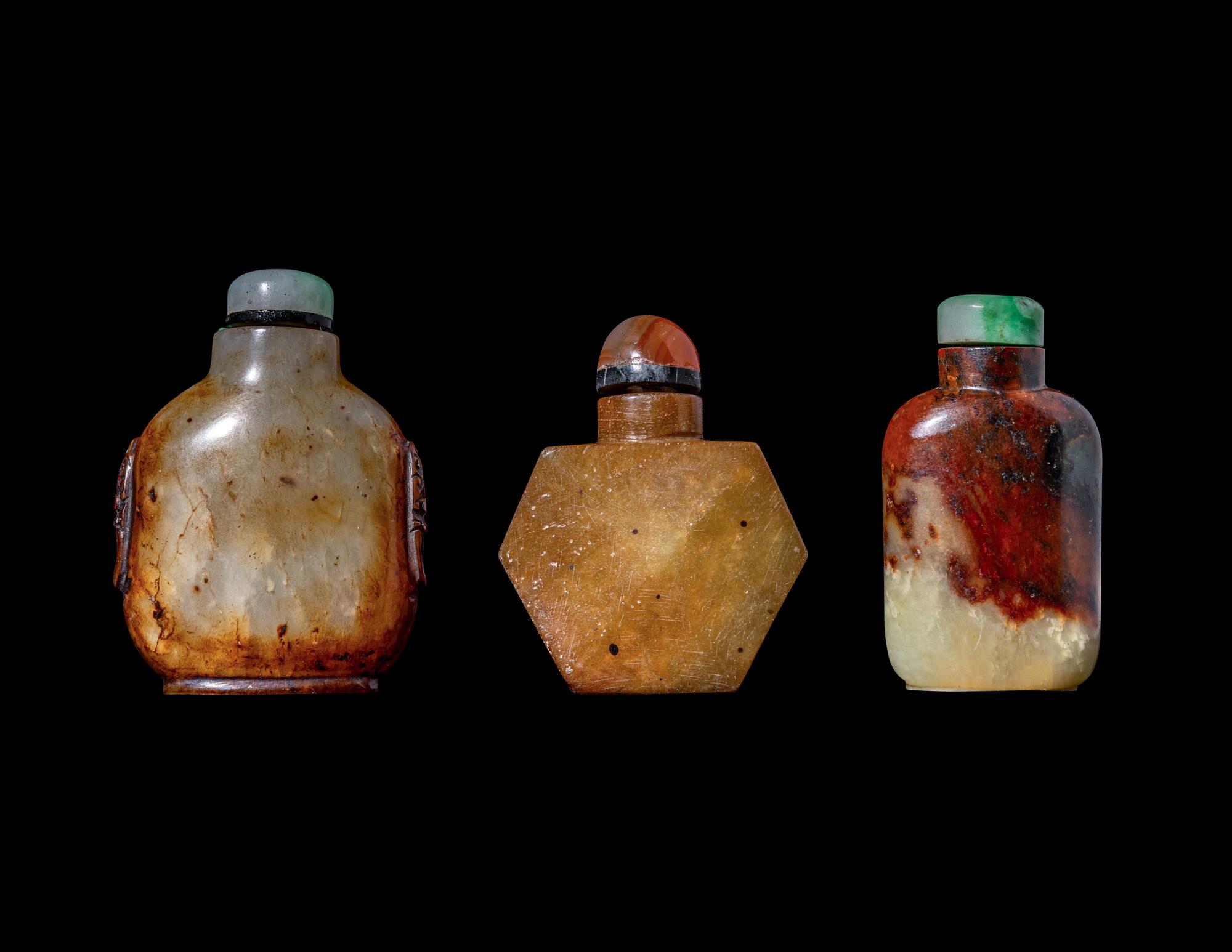 Three Chinese Russet Jade Snuff Bottles
