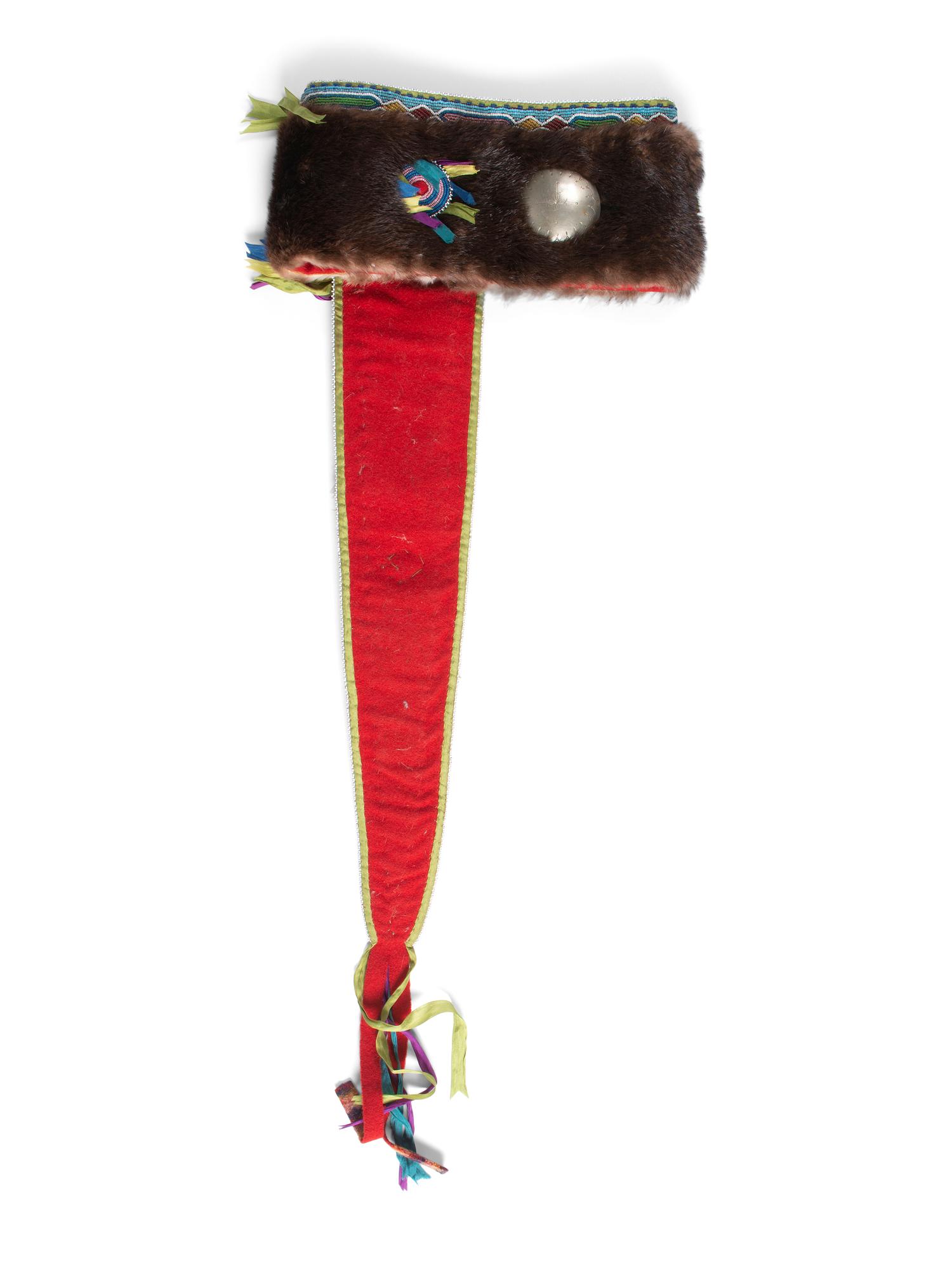 Osage Otter Fur Turban, with Beaded Rosettes and Rocker Engraved German Silver Concha