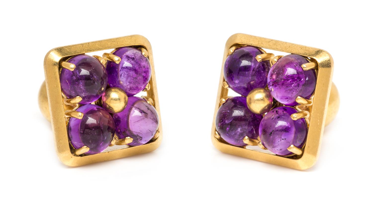 A Pair of Yellow Gold and Amethyst Cufflinks, 15.50 dwts.