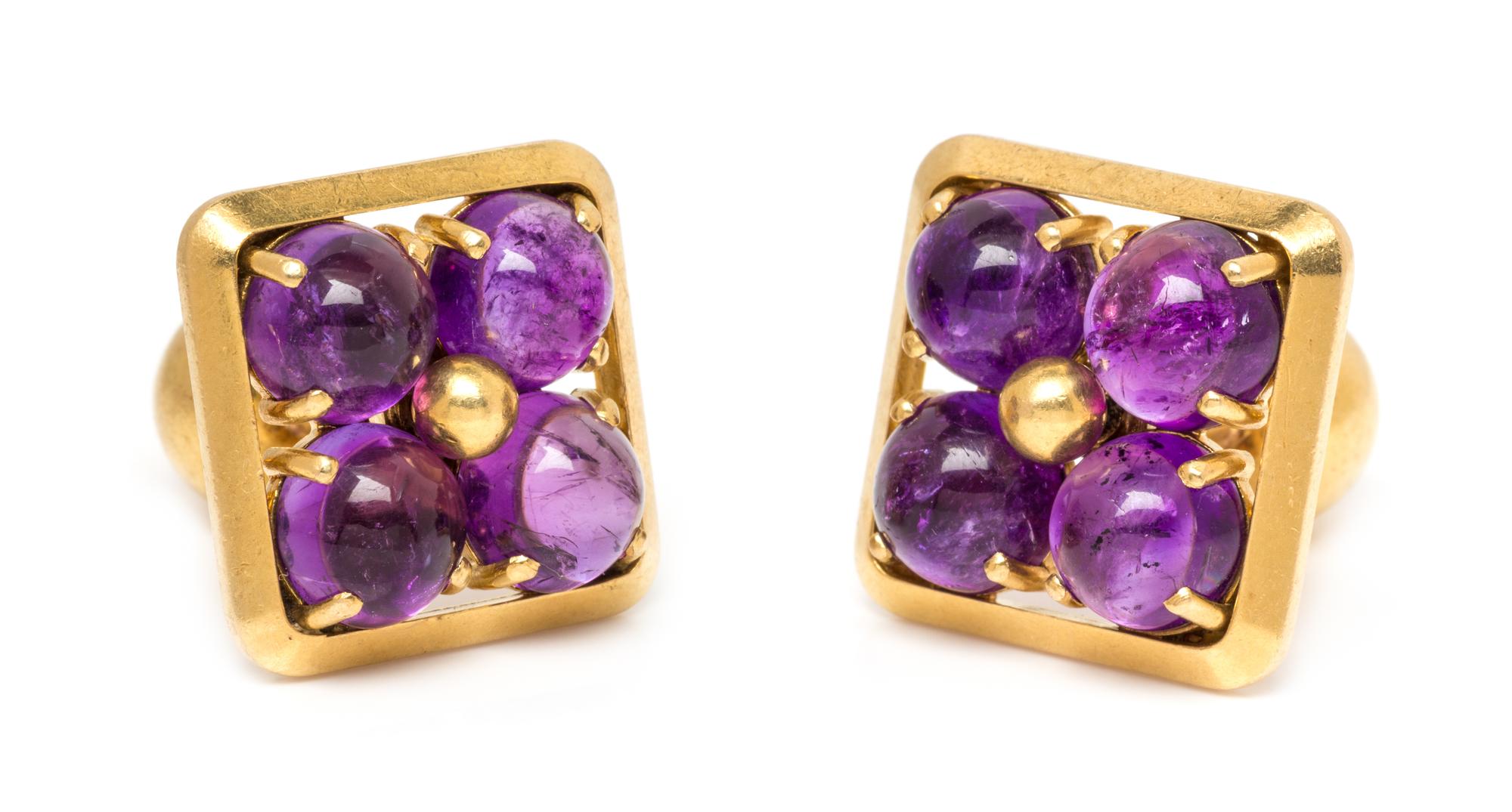 A Pair of Yellow Gold and Amethyst Cufflinks, 15.50 dwts.
