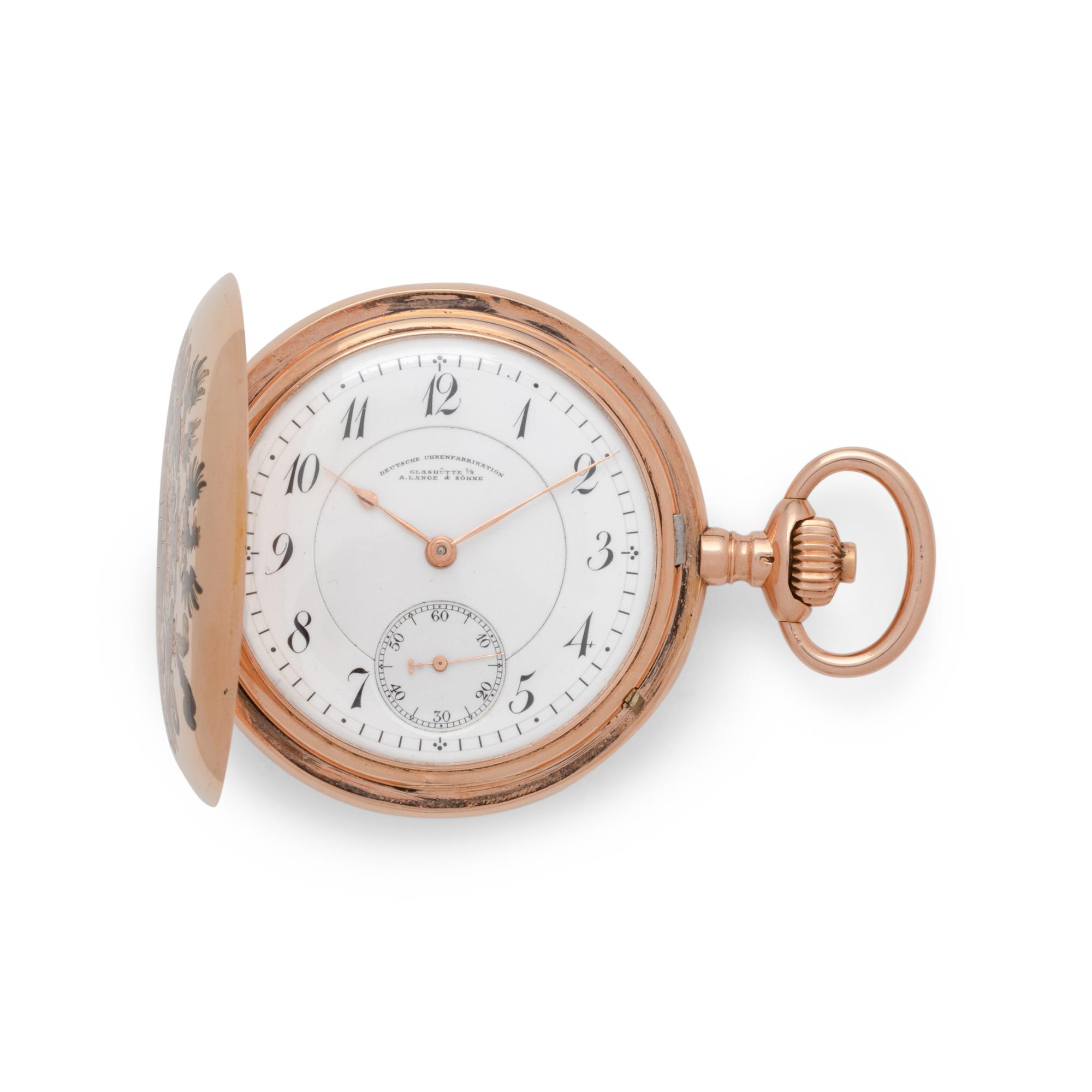 A. LANGE & SÖHNE, 14K YELLOW GOLD WITH POLYCHROME ENAMEL PAINTED ARMORIALS FOR THE COUNTS OF STRACHWITZ POCKET WATCH