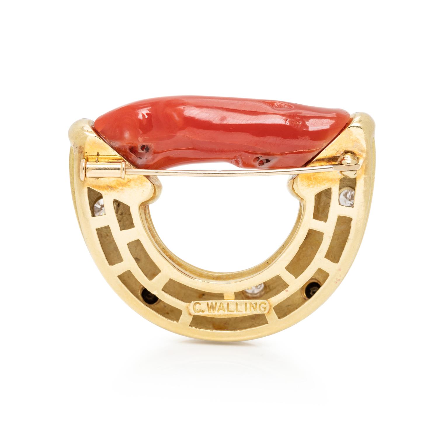 CHRISTOPHER WALLING, YELLOW GOLD, CORAL, DIAMOND AND BLACK DIAMOND BROOCH