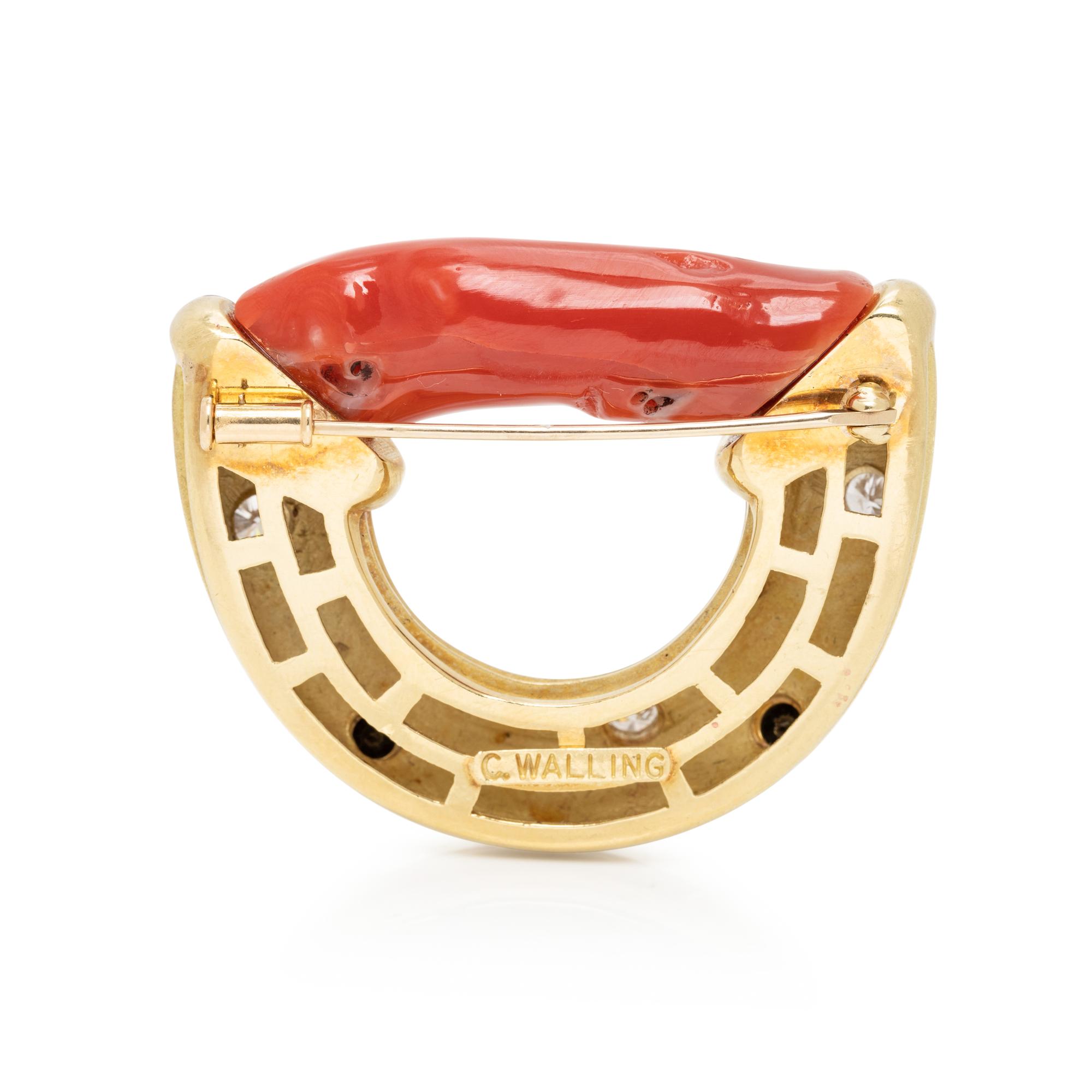 CHRISTOPHER WALLING, YELLOW GOLD, CORAL, DIAMOND AND BLACK DIAMOND BROOCH
