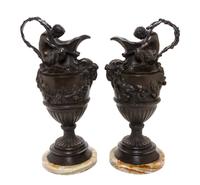 A Pair of Continental Bronze Ewers, Height 17 3/4 inches.