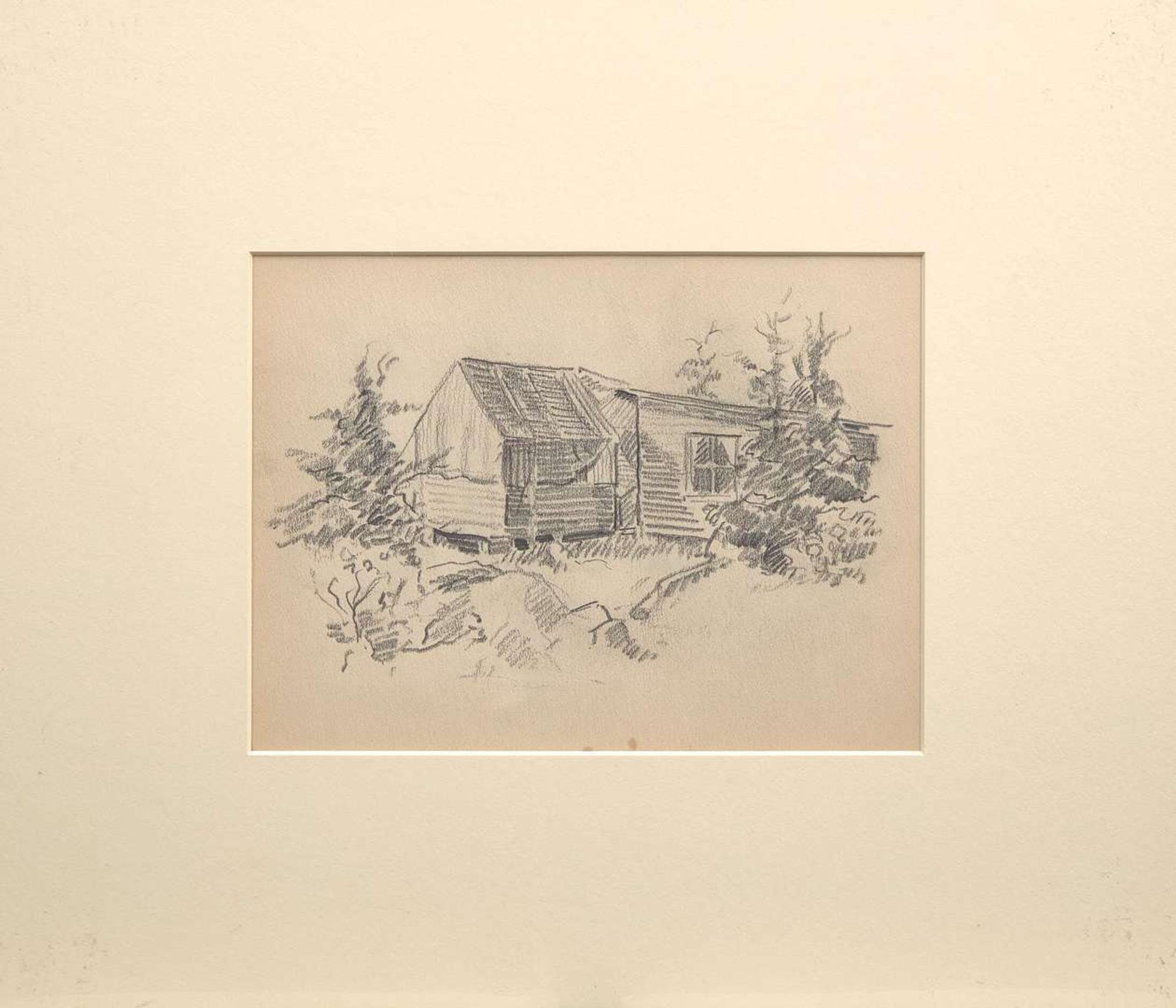 John Fulton Folinsbee (American, 1892-1972) 'Farm, Overturned Boat on Water', together with 'Cabin and Pines'