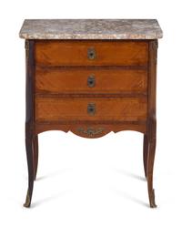 A Louis XV Style Metal Mounted, Tulipwood Veneered Marble-Top Commode