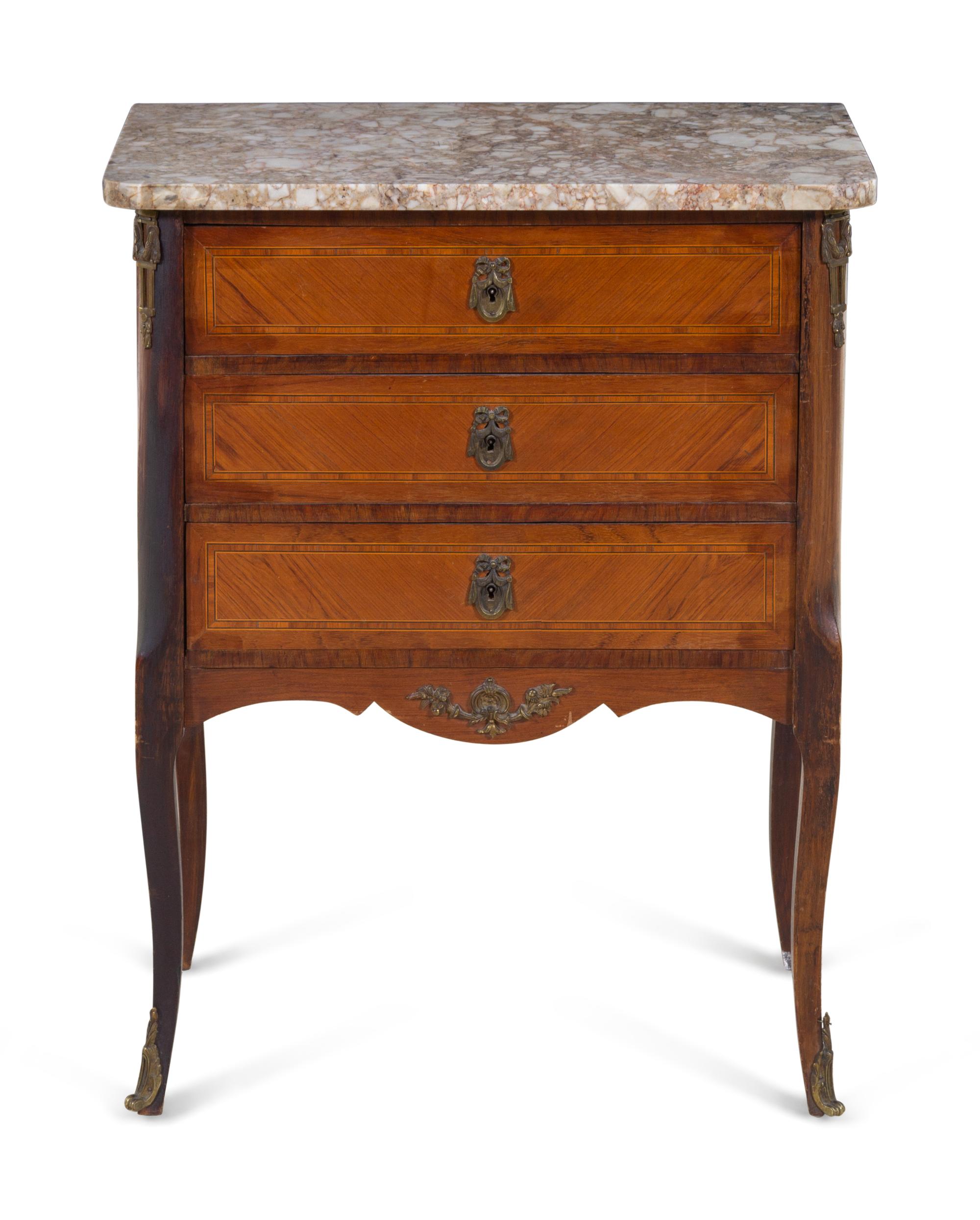 A Louis XV Style Metal Mounted, Tulipwood Veneered Marble-Top Commode