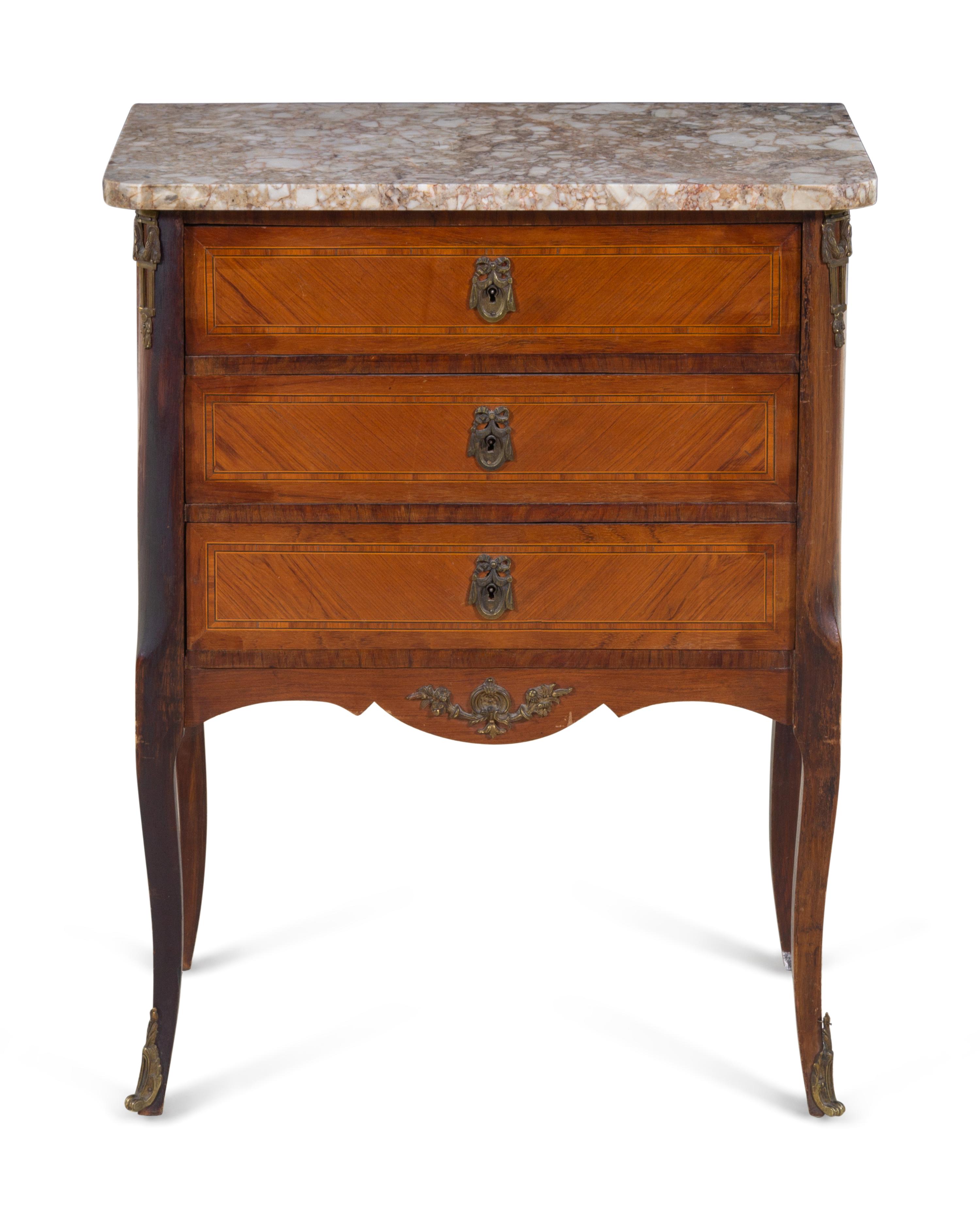 A Louis XV Style Metal Mounted, Tulipwood Veneered Marble-Top Commode