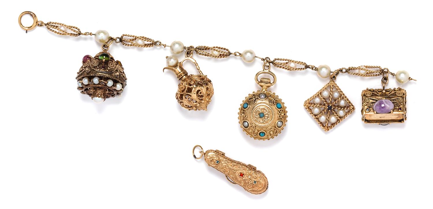 A Yellow Gold Charm Bracelet with Six Charms, 45.90 dwts.