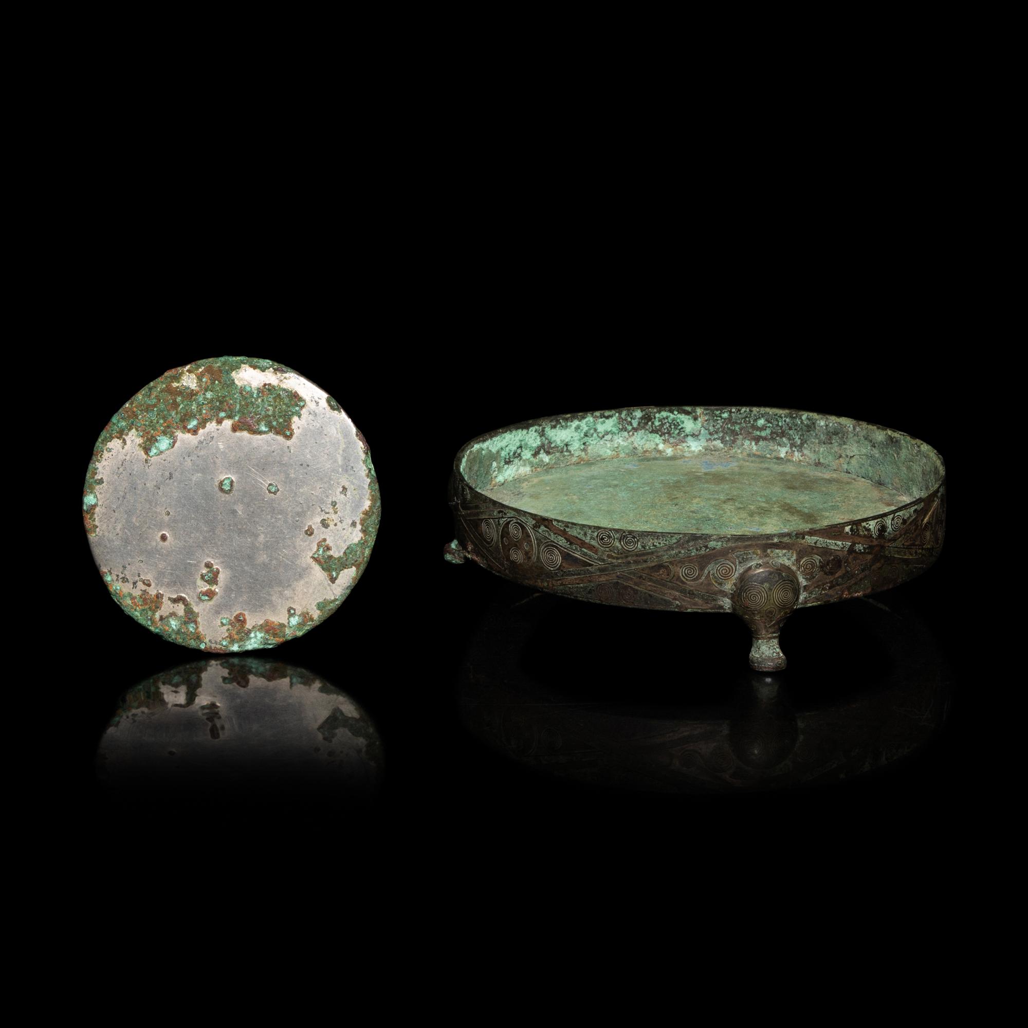 Two Chinese Bronze Articles, Han Dynasty, Han Dynasty 漢 青銅鏡及銅錯銀承盤