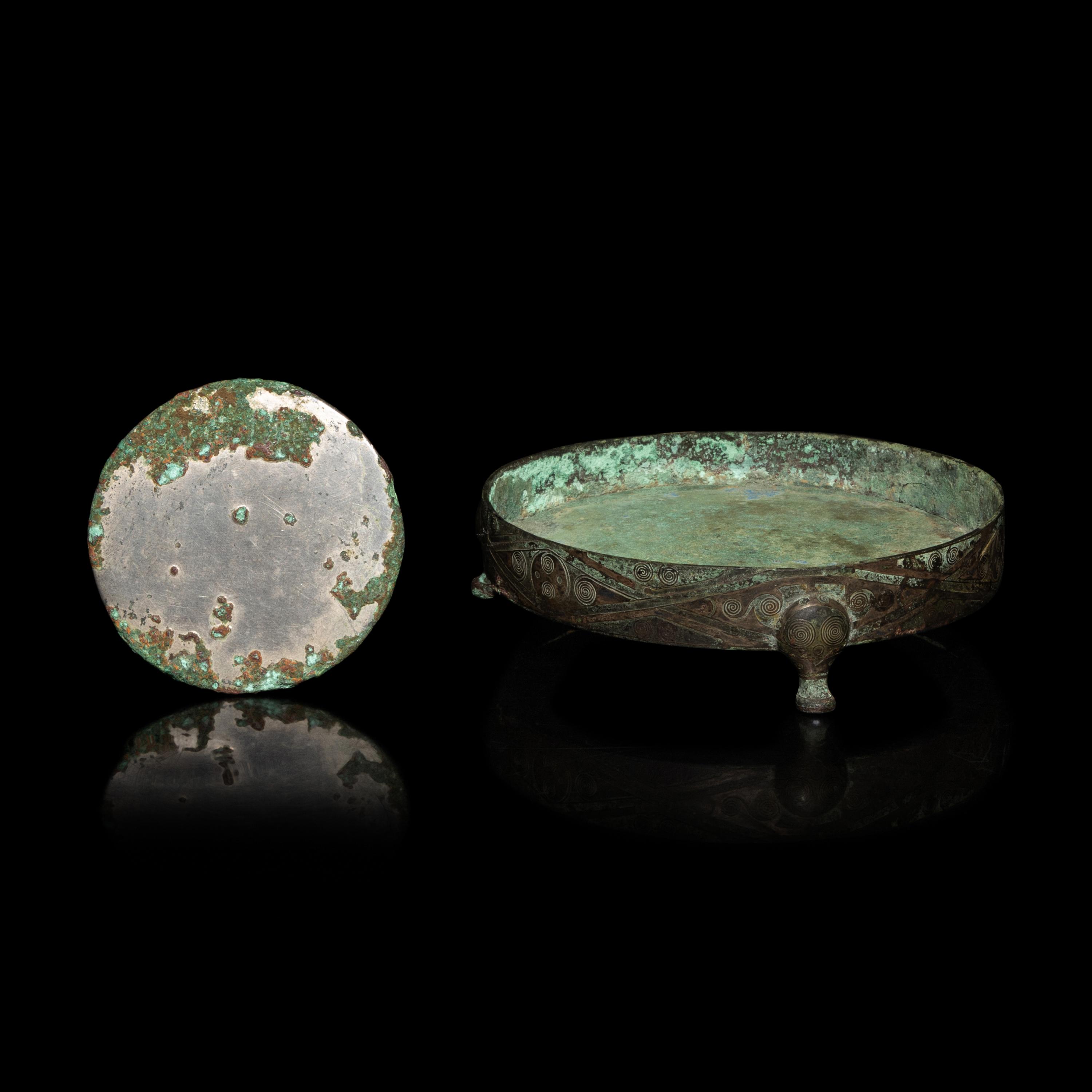 Two Chinese Bronze Articles, Han Dynasty, Han Dynasty 漢 青銅鏡及銅錯銀承盤