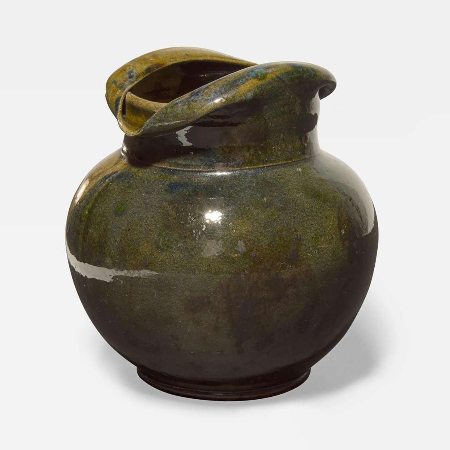 George Ohr (American, 1857-1918) Large Vase with Folded Rim in Half Olive and Spotted Brown Glaze, Biloxi, Mississippi, USA, circa 1897-1900