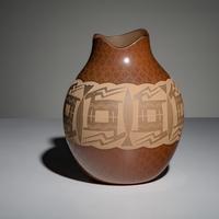 Jody Naranjo (Santa Clara, b. 1969) — Redware Pottery Vase, with Sgraffito Deer and Fish, 2002