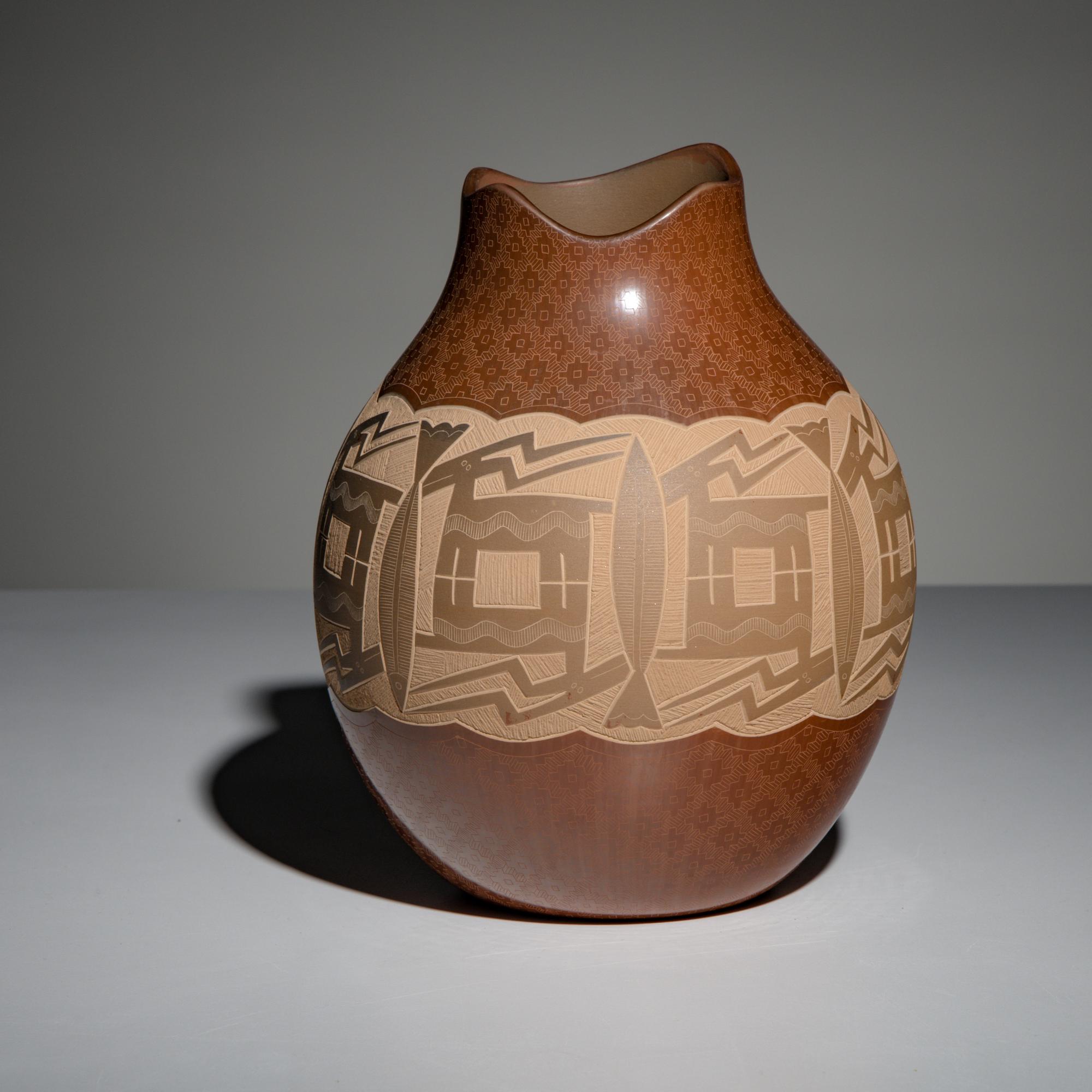 Jody Naranjo (Santa Clara, b. 1969) — Redware Pottery Vase, with Sgraffito Deer and Fish, 2002