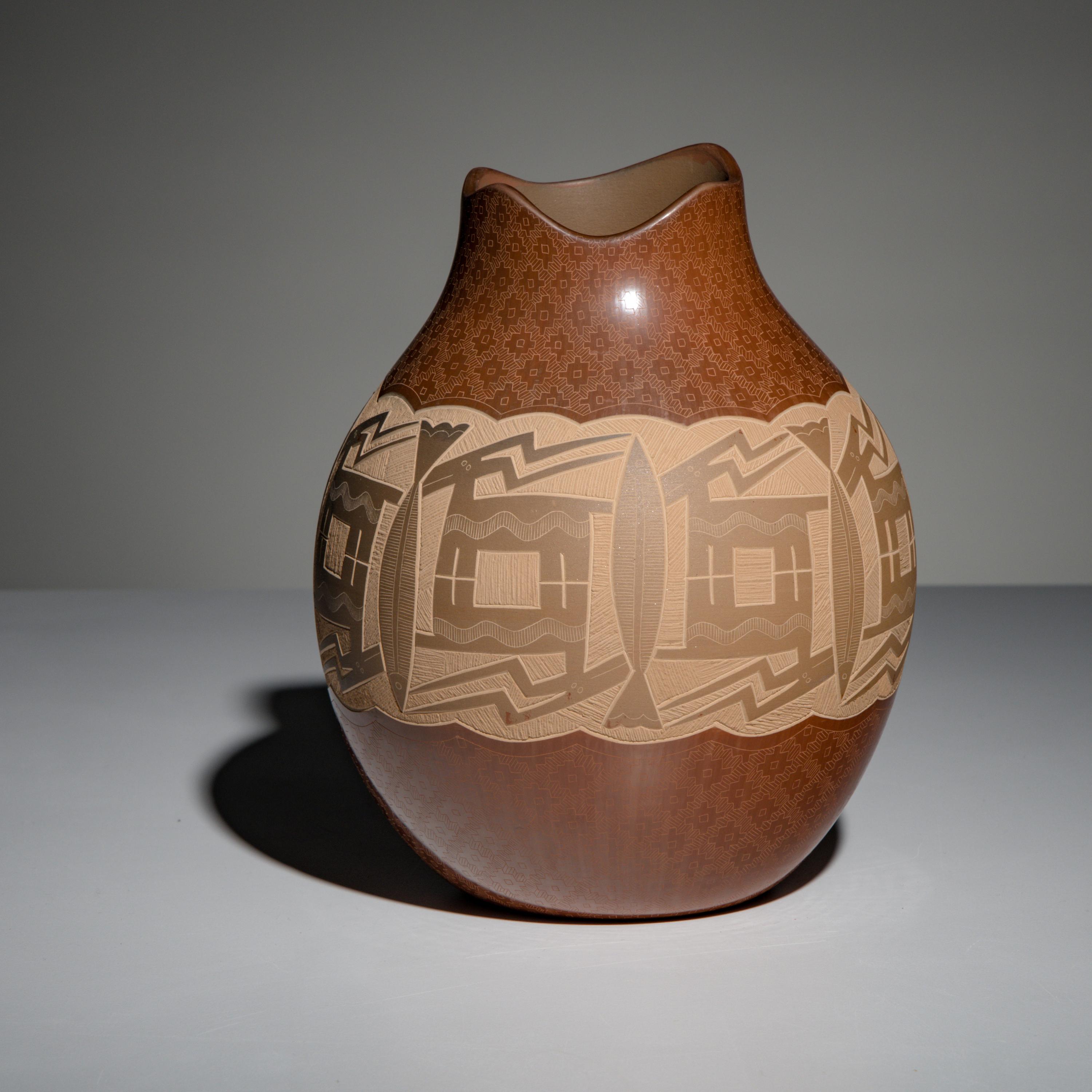 Jody Naranjo (Santa Clara, b. 1969) — Redware Pottery Vase, with Sgraffito Deer and Fish, 2002