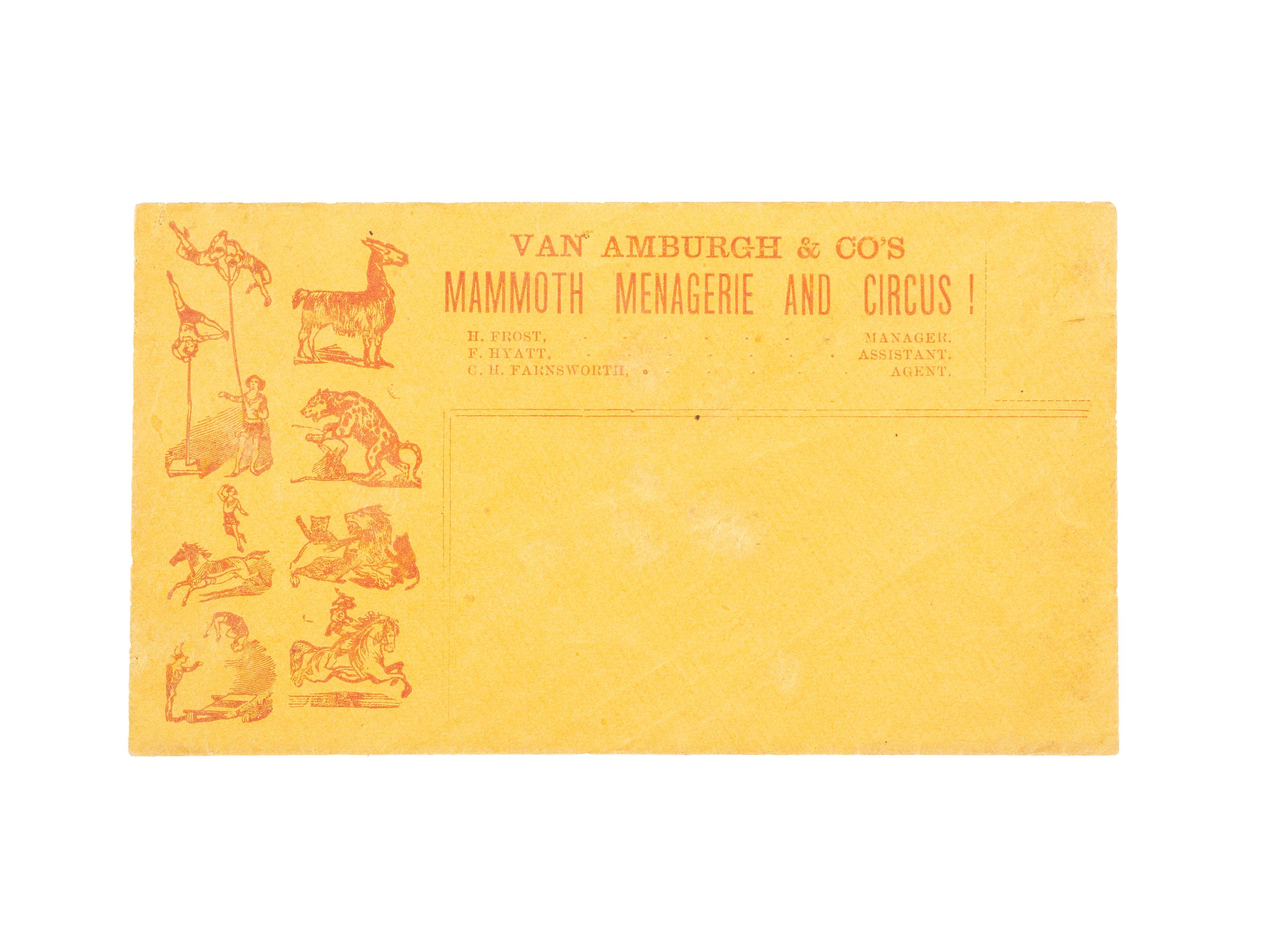 [CIRCUS]. Unequalled in the World! Van Amburgh & Co.'s Great Golden Menagerie. N.p.: N.p., 1871.