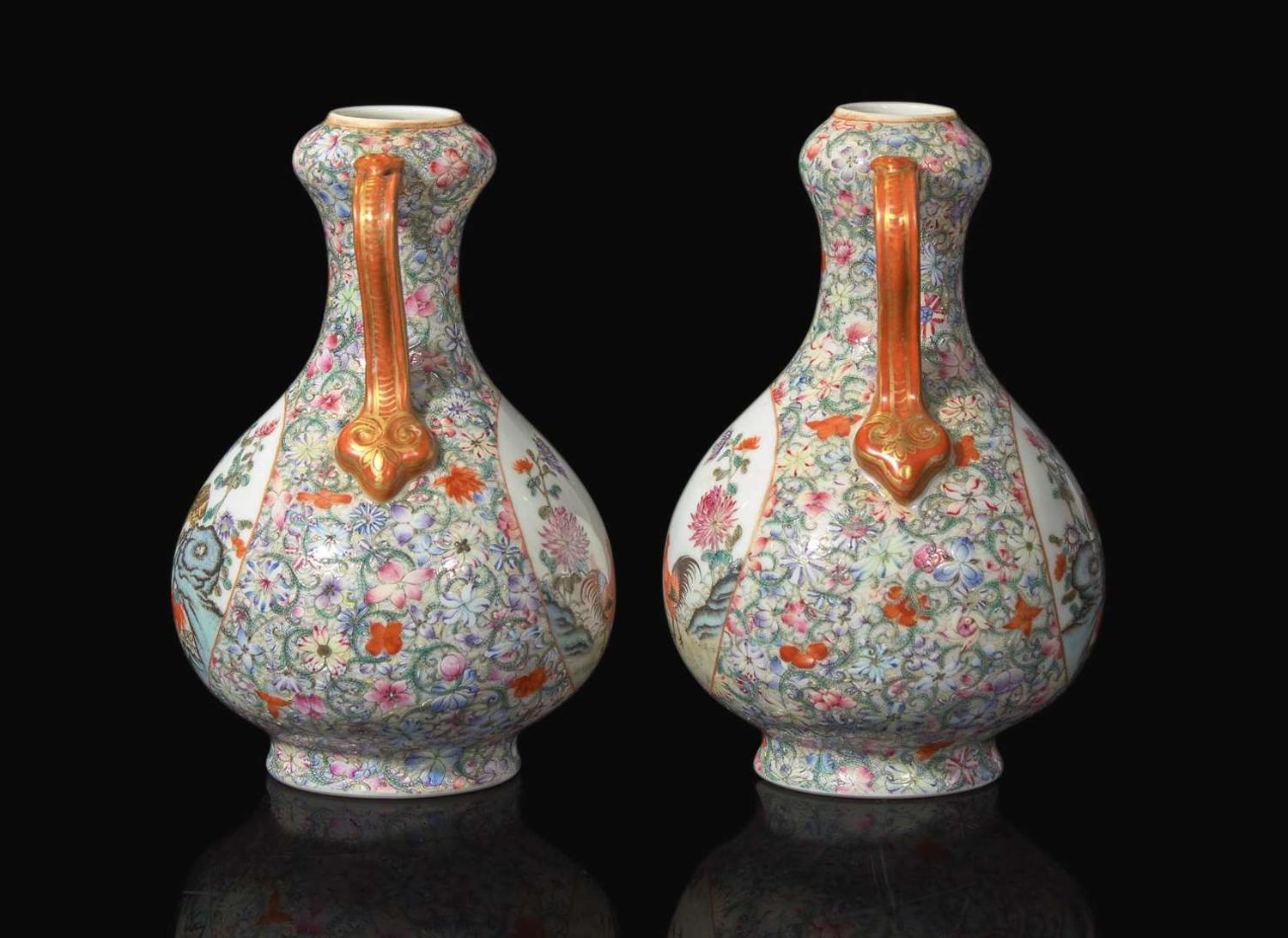 A pair of Chinese famille rose-decorated “Cockerel” vases, probably Republic period 粉彩錦雞瓶一對 或民國