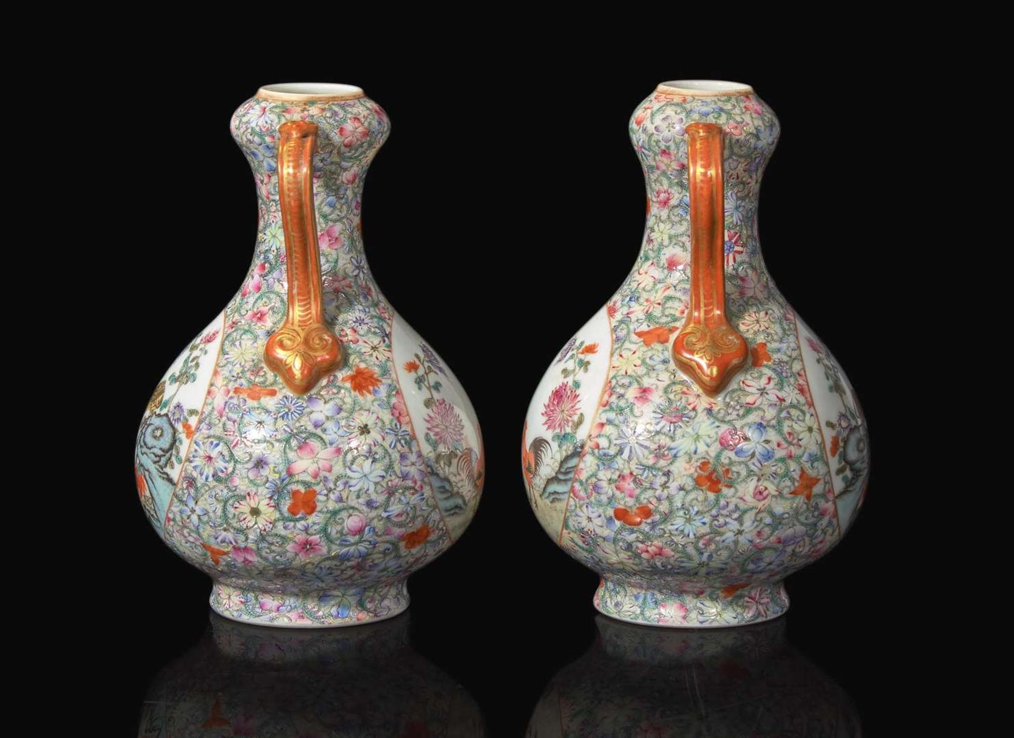 A pair of Chinese famille rose-decorated “Cockerel” vases, probably Republic period 粉彩錦雞瓶一對 或民國