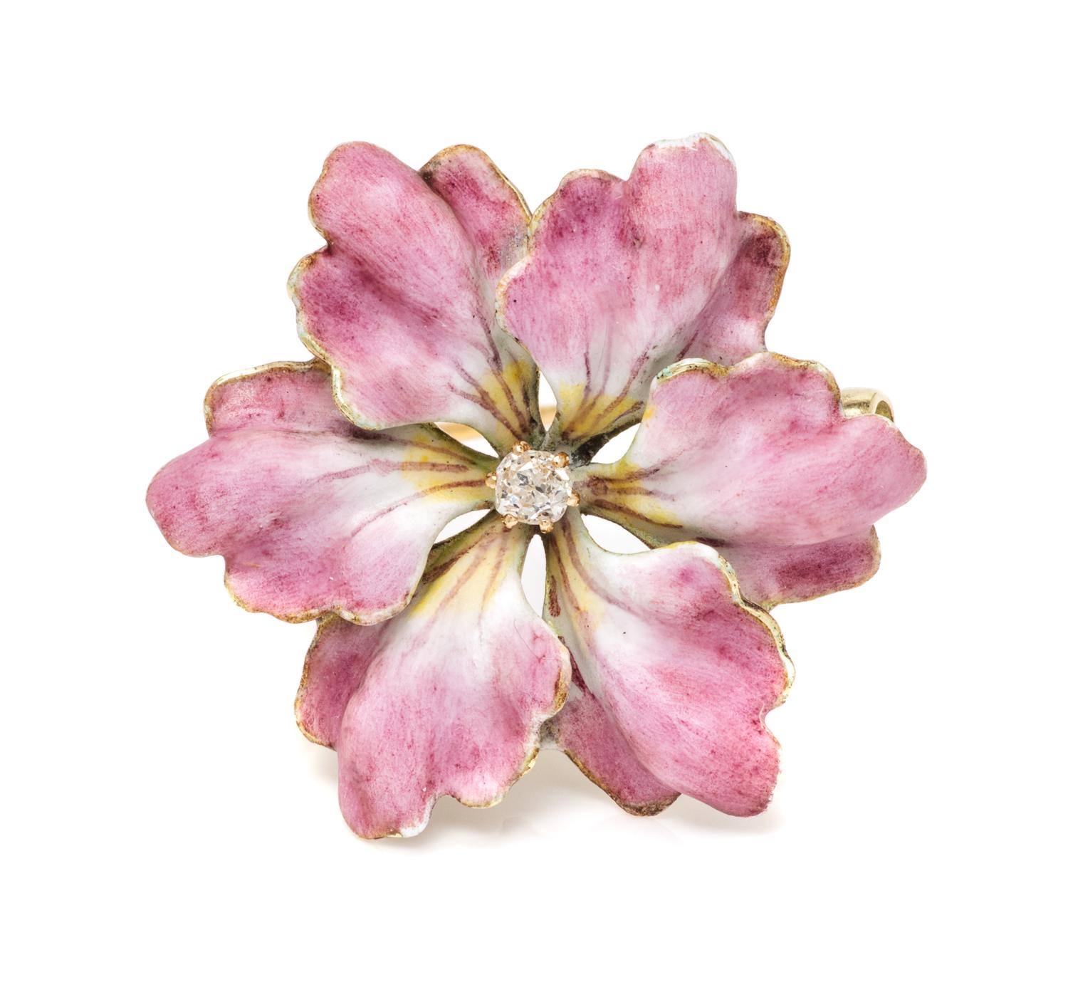 A 14 Karat Yellow Gold, Polychrome Enamel and Diamond Flower Brooch, A.J. Hedges & Co., 5.90 dwts.