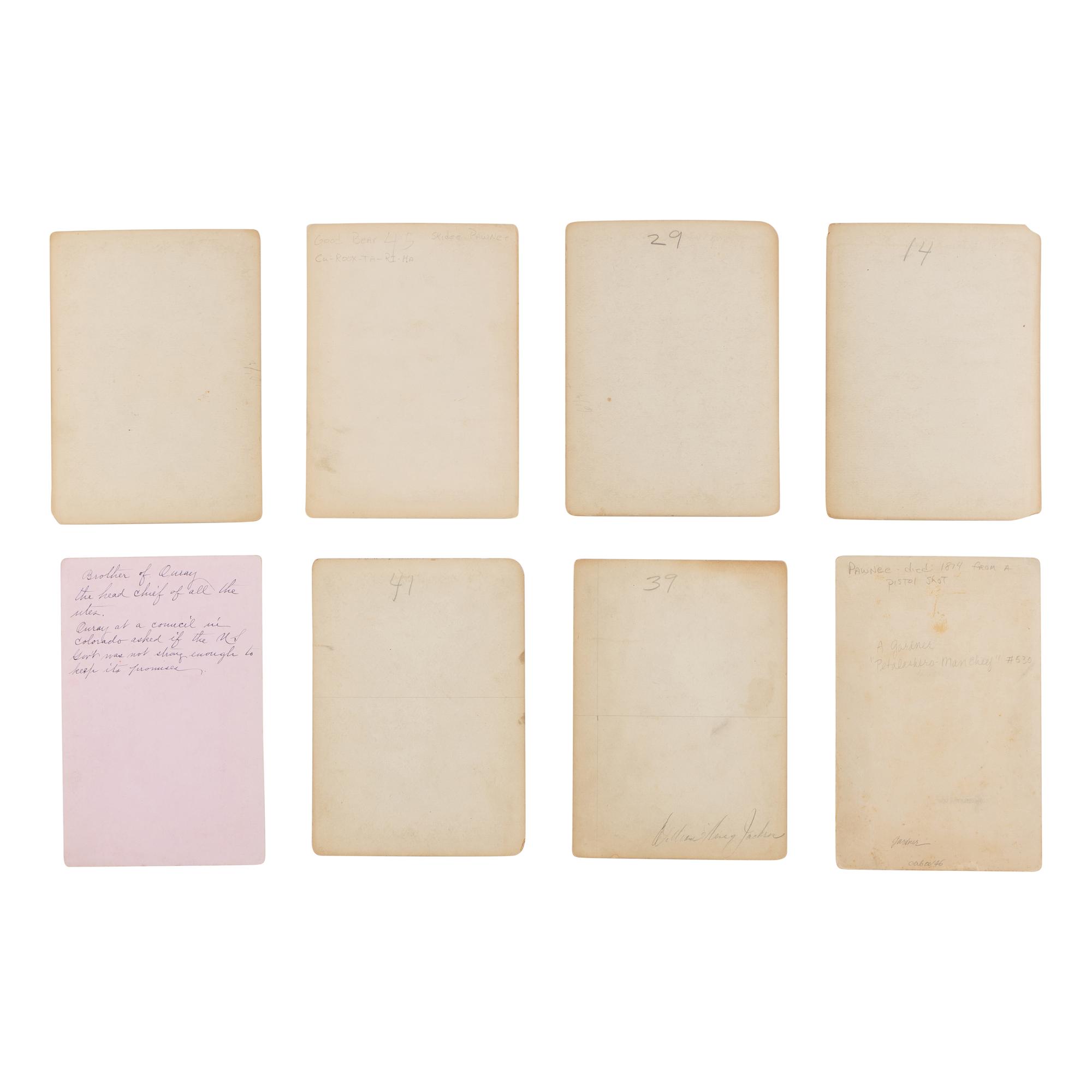 William Henry Jackson AND Alexander Gardner (American, 1843-1942 / Scottish-American 1821-1882) — Eight Cabinet Cards of Native American Subjects