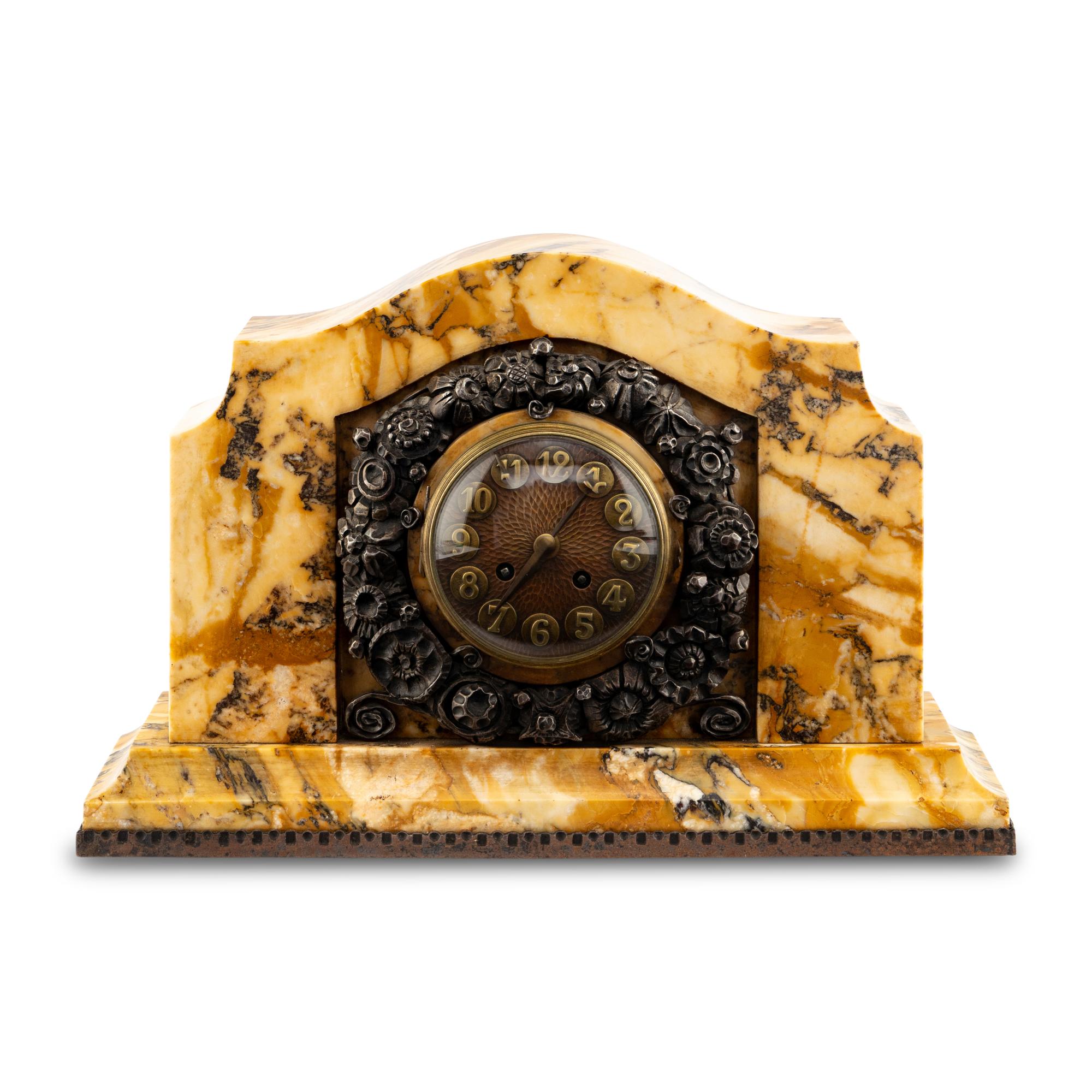 Attributed to Edgar Brandt Art Deco, c. 1930 — An Art Deco Marble and Silvered Bronze Mantel Clock