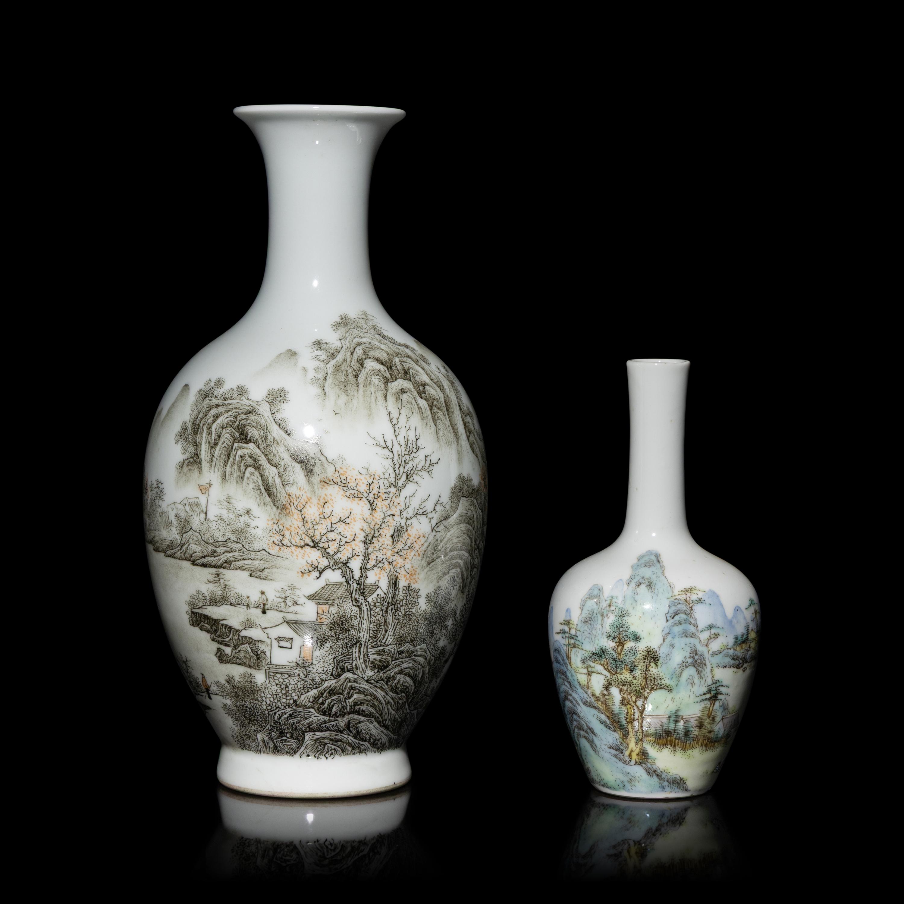 Two Chinese Qianjiang Enameled 'Landscape' Porcelain Vases, Late 19th-20th Century — 晚清-民國 淺绛彩山水瓶兩隻