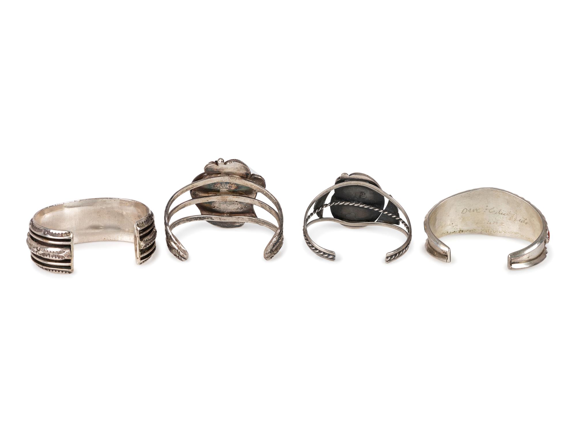 Navajo and Zuni Silver, Turquoise, and Coral Cuff Bracelets