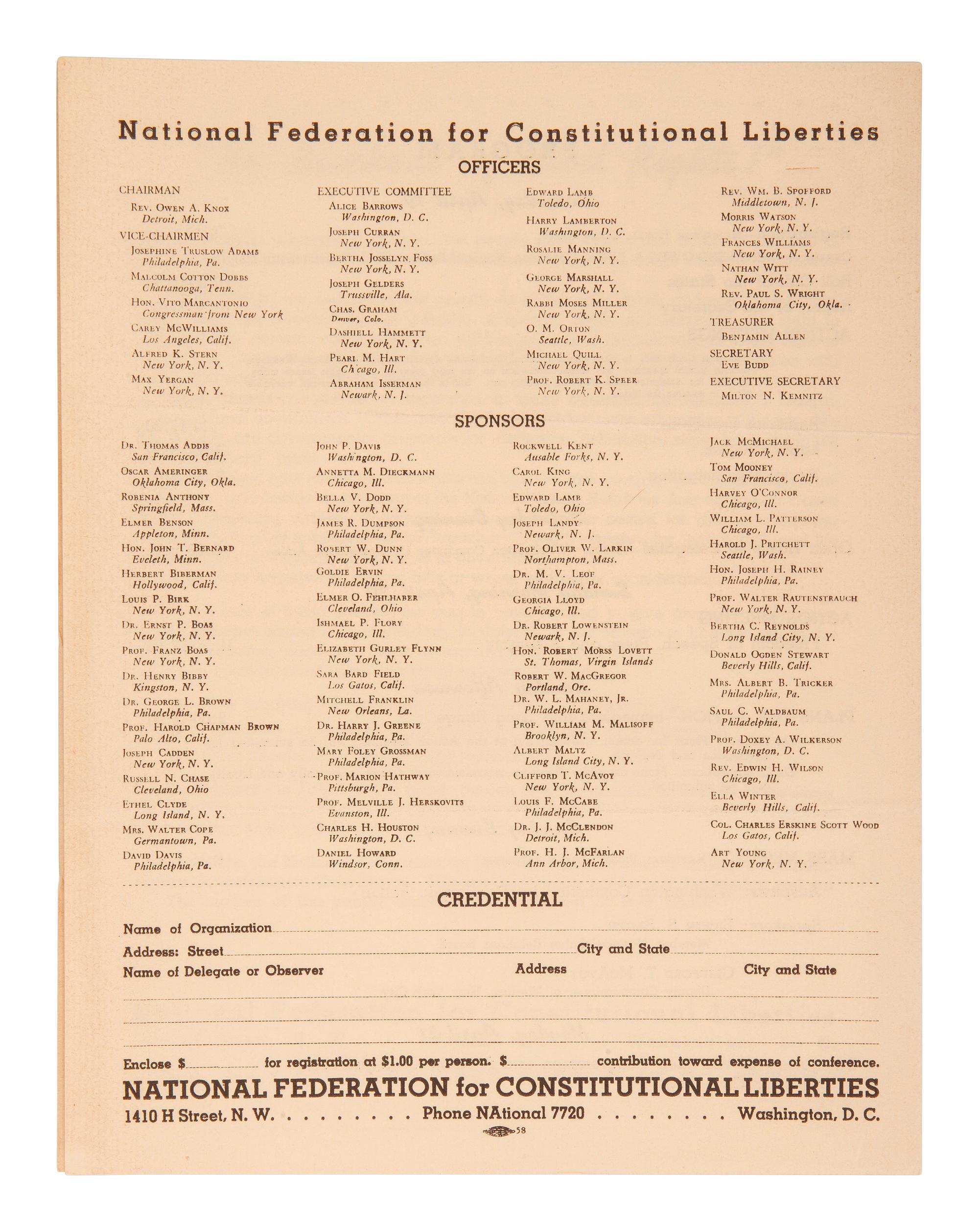 [CIVIL RIGHTS]. Call National Action Conference for Civil Rights . Washington, DC: NFCL, 1941.