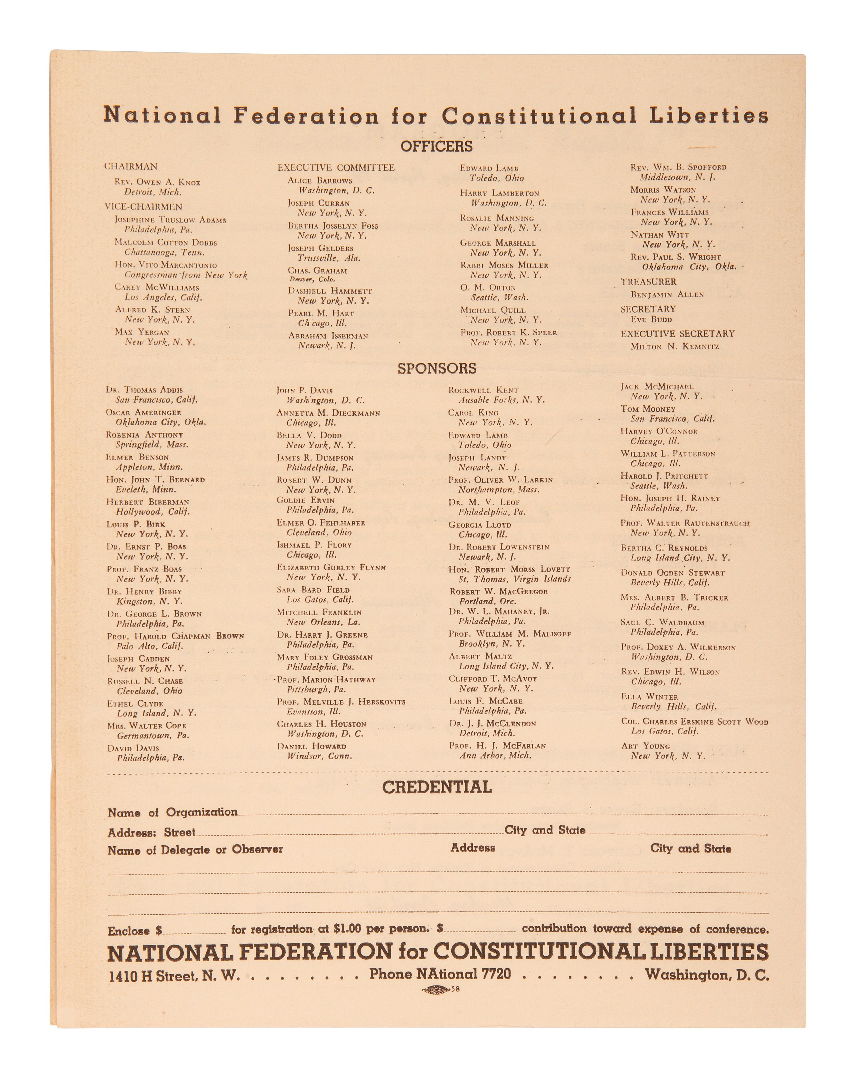 [CIVIL RIGHTS]. Call National Action Conference for Civil Rights . Washington, DC: NFCL, 1941.