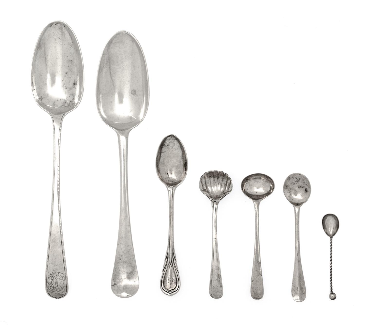Two Georgian Silver Spoons, Maker's mark possibly SH, London, together with five English demitasse spoons of various maker and age.