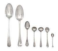 Two Georgian Silver Spoons, Maker's mark possibly SH, London, together with five English demitasse spoons of various maker and age.