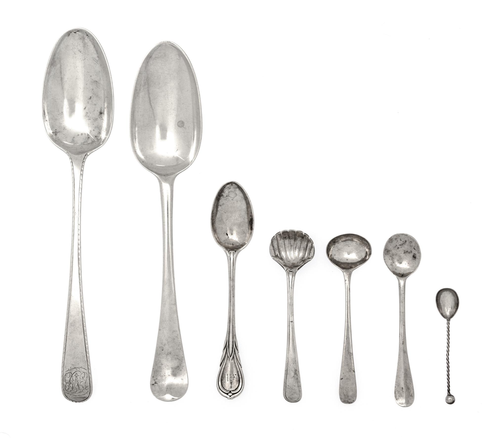 Two Georgian Silver Spoons, Maker's mark possibly SH, London, together with five English demitasse spoons of various maker and age.